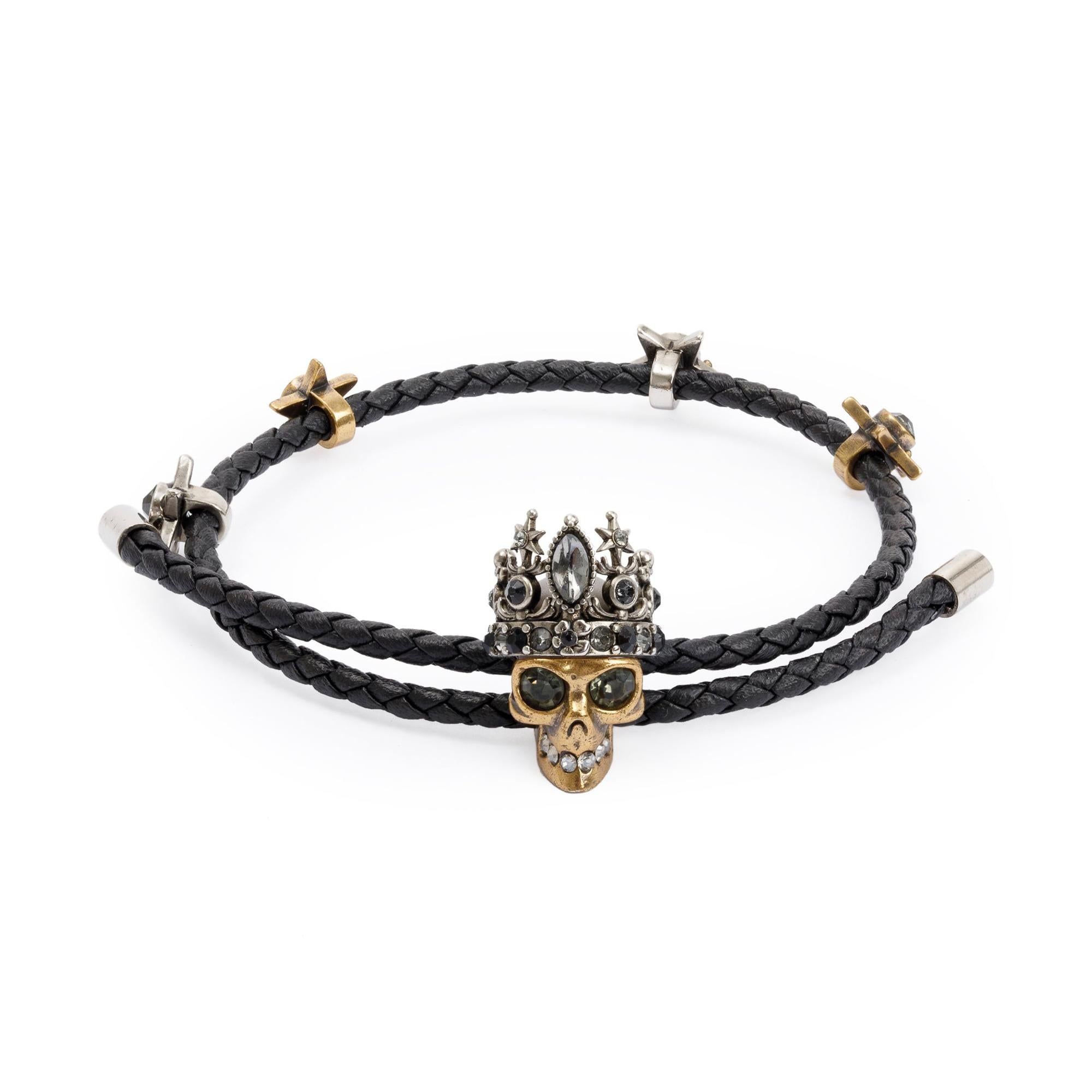 Alexander McQueen ブラック レザー バングル、ゴールド スカル Alexander Mcqueen Gold Plated Metal & Crystal Crown Skull Wrap