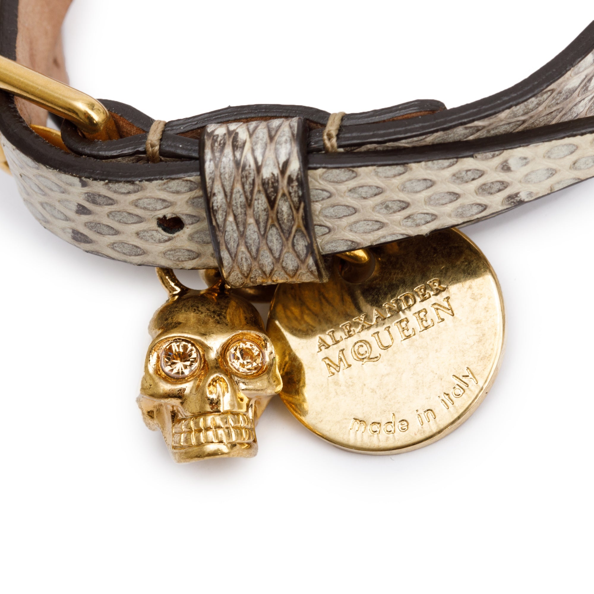 Alexander Mcqueen Gold Plated Snakeskin & Crystal Skull Double Wrap Bracelet