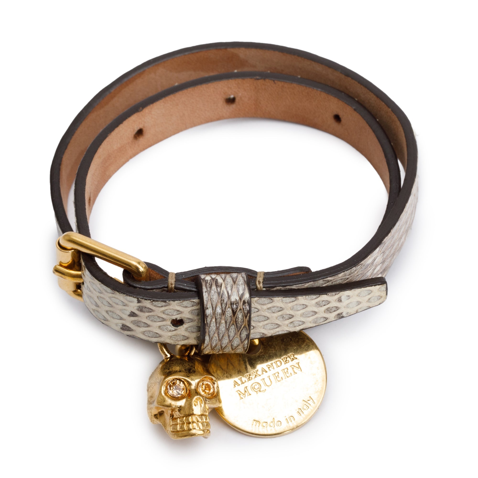 Alexander Mcqueen Gold Plated Snakeskin & Crystal Skull Double Wrap Bracelet