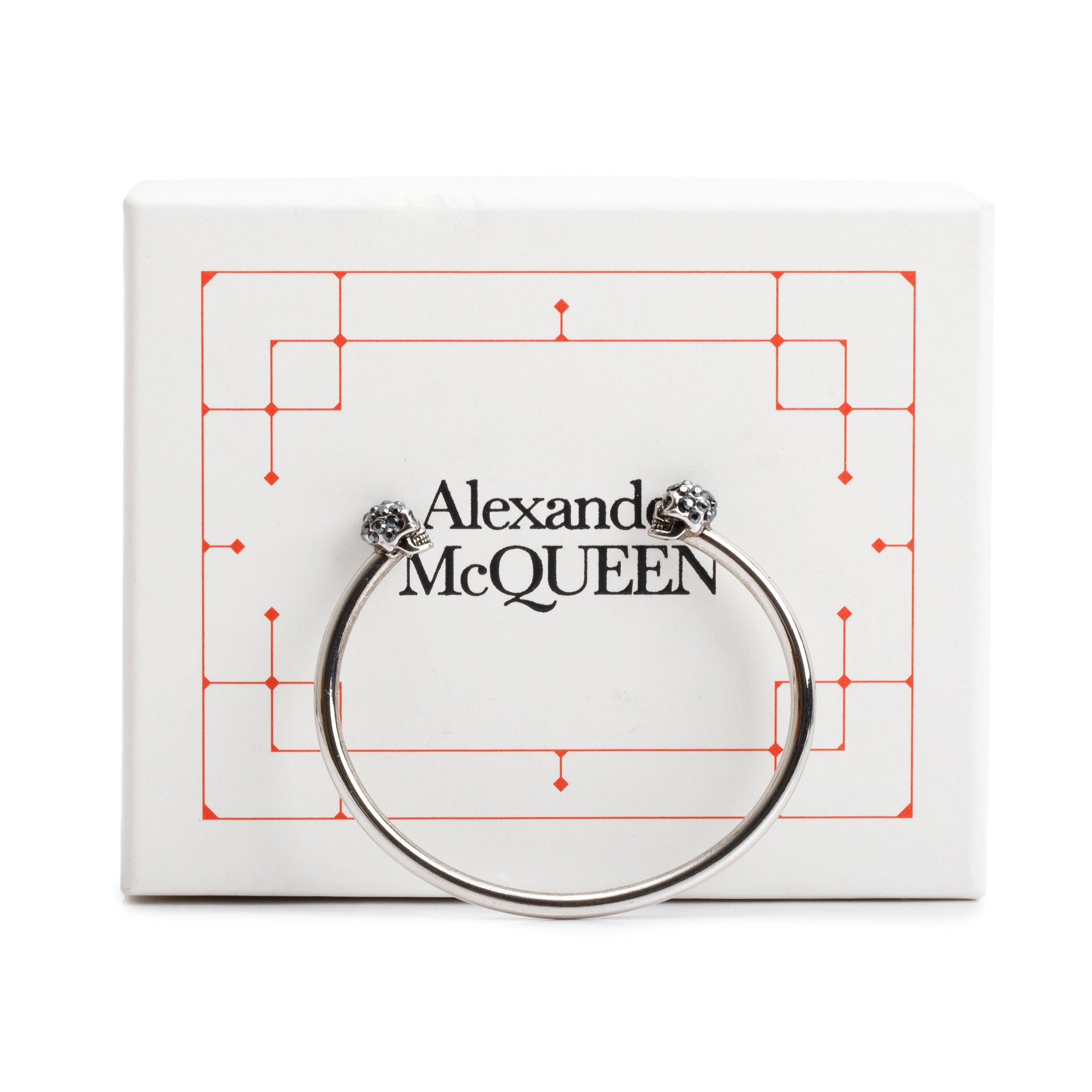 Alexander Mcqueen Rhodium Plated Crystal Twin Skull Cuff Bangle w/ Box