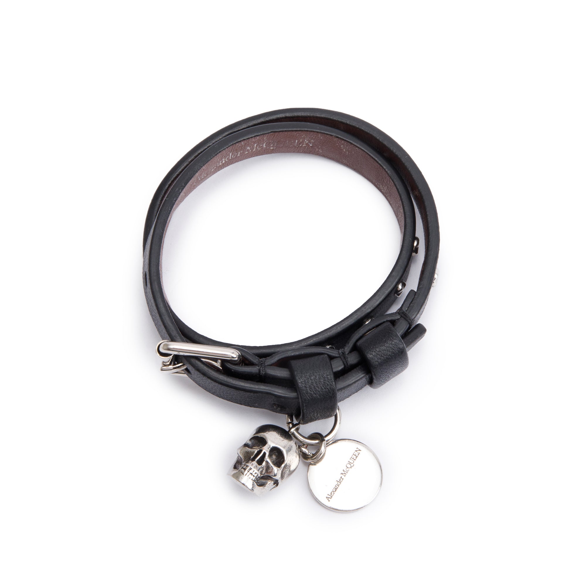 Alexander Mcqueen Silver Plated Skull Studded Double Wrap Leather Bracelet w/ Box