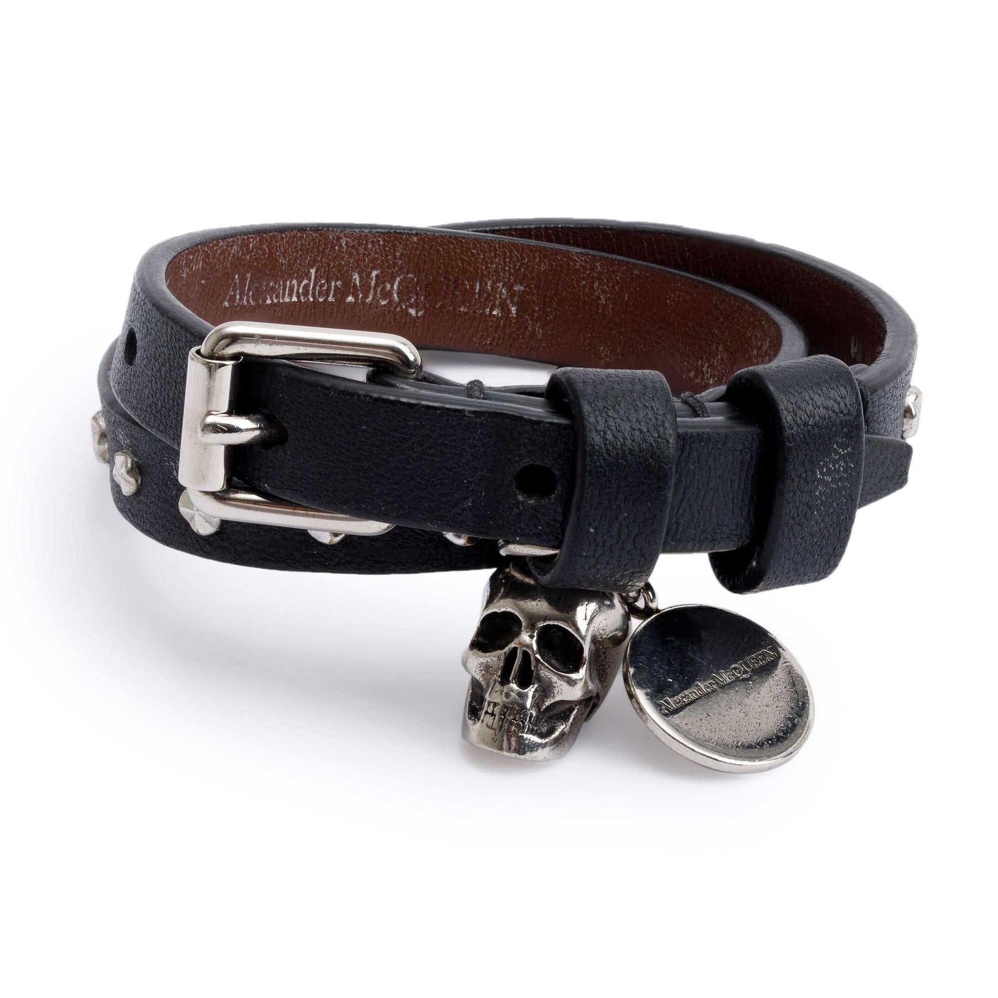 Alexander Mcqueen Silver Plated Skull Studded Double Wrap Leather Bracelet w/ Box