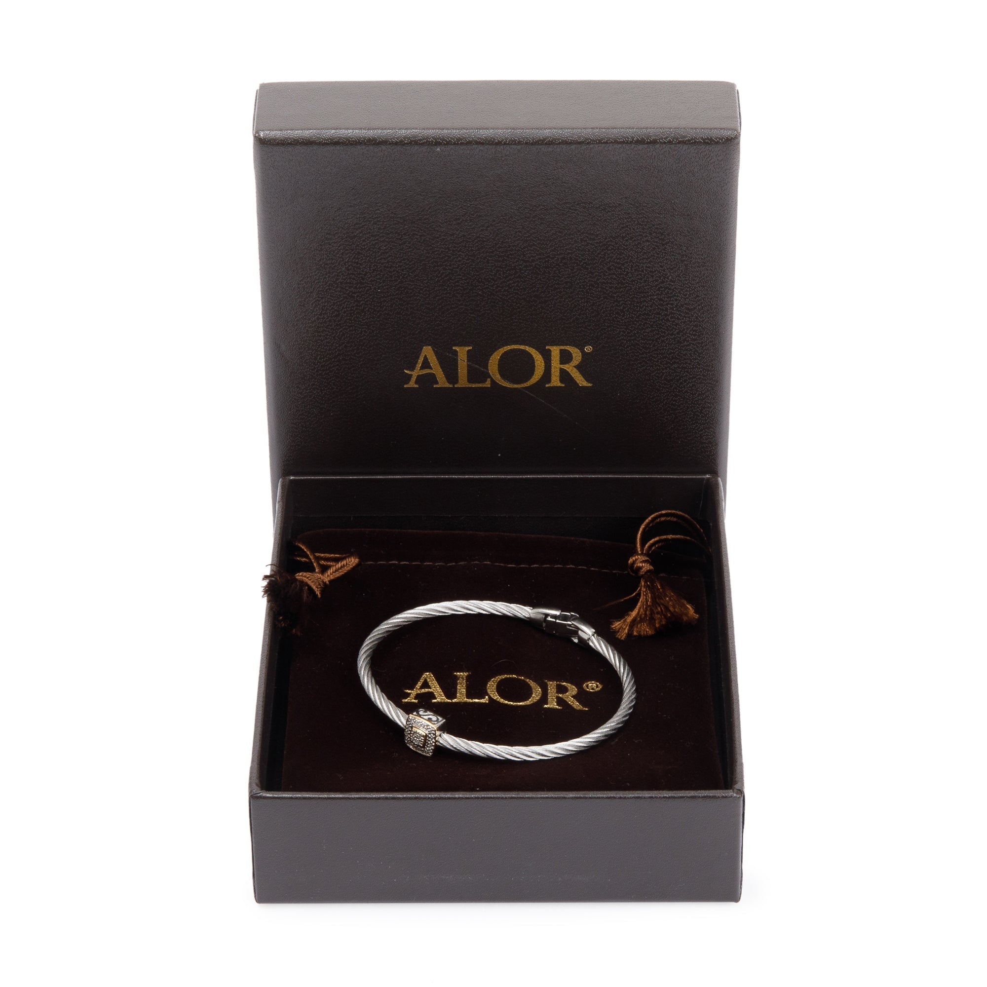 Alor Stainless Steel & 18k Gold Diamond Station 3MM Cable Bracelet w/ Box