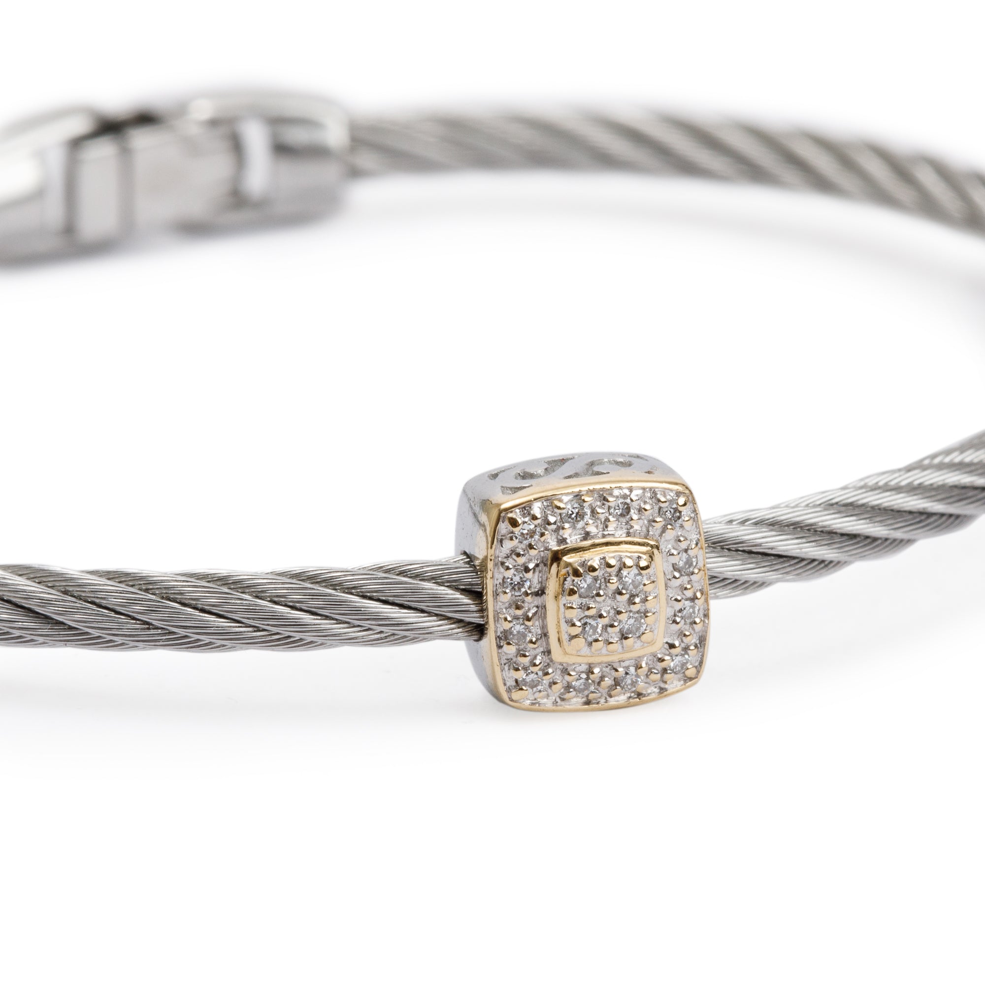 Alor Stainless Steel & 18k Gold Diamond Station 3MM Cable Bracelet w/ Box