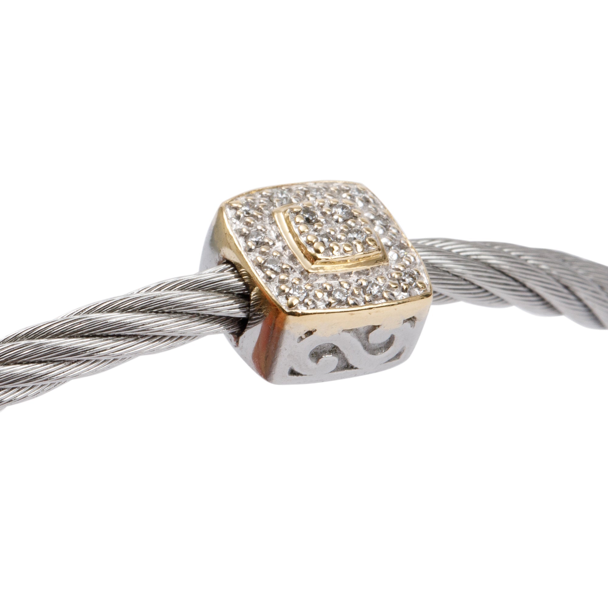 Alor Stainless Steel & 18k Gold Diamond Station 3MM Cable Bracelet w/ Box