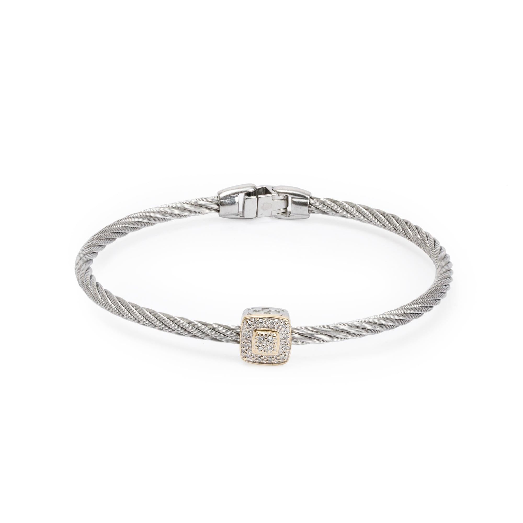 Alor Stainless Steel & 18k Gold Diamond Station 3MM Cable Bracelet w/ Box