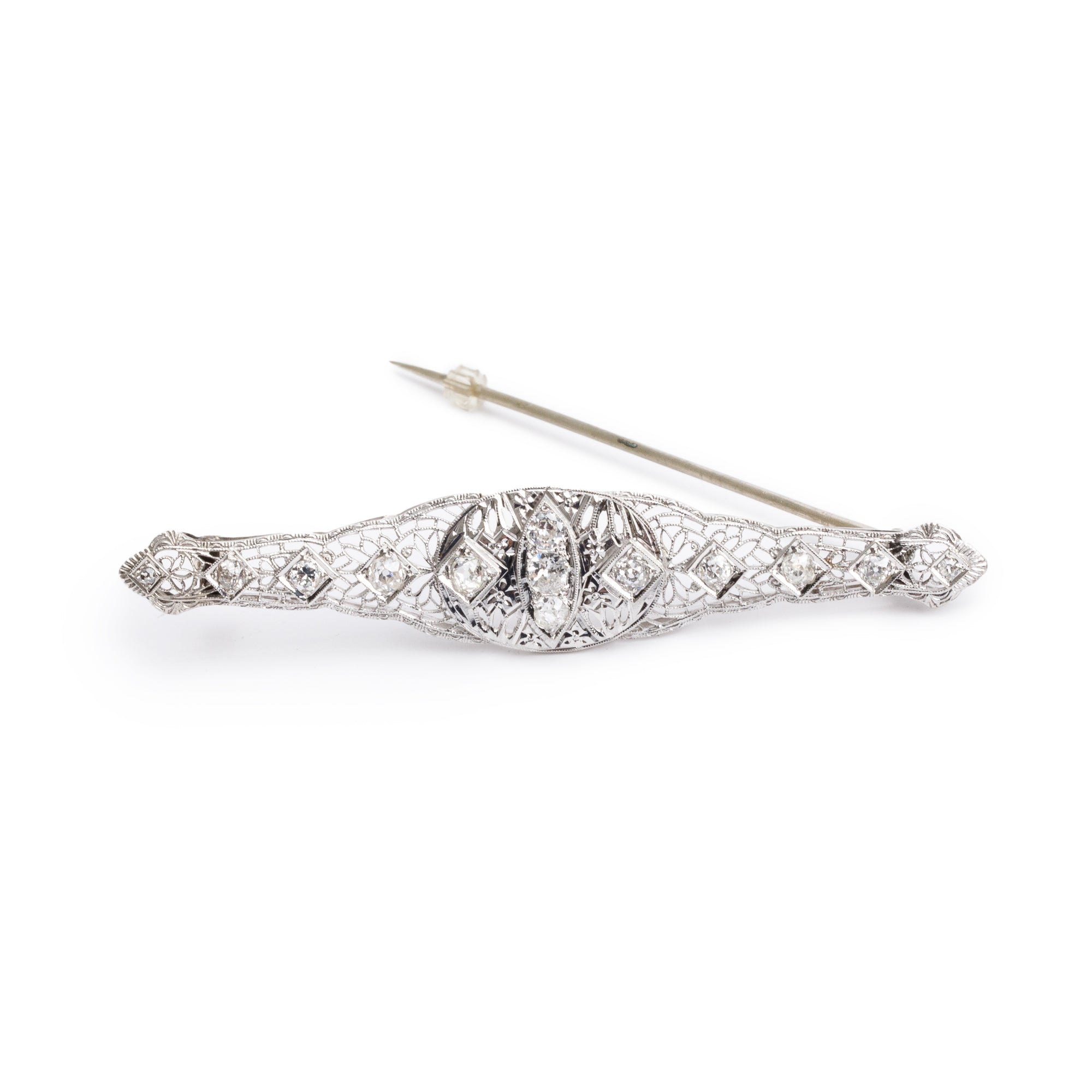 Antique 10k White Gold Diamond Filigree Bar Brooch