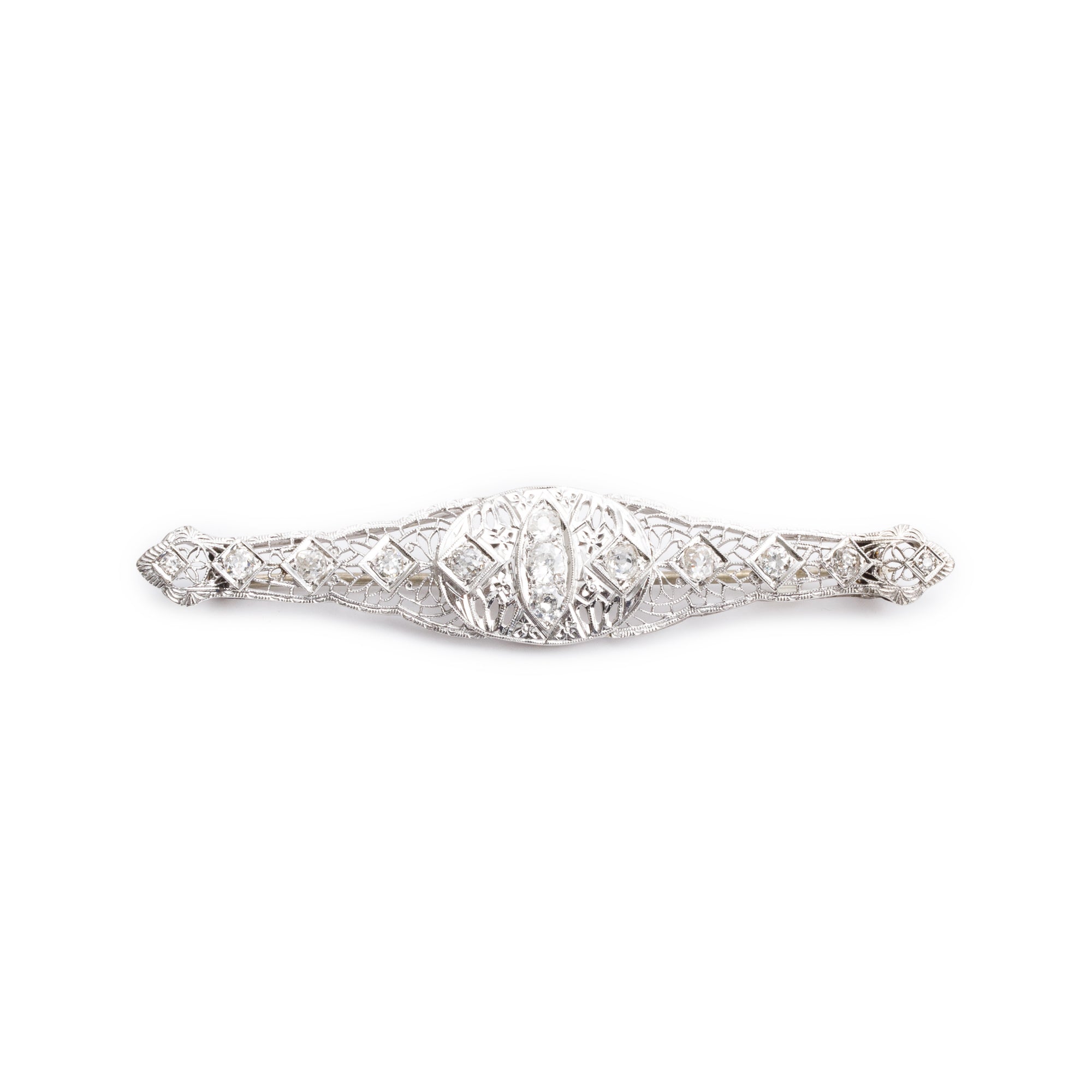 Antique 10k White Gold Diamond Filigree Bar Brooch