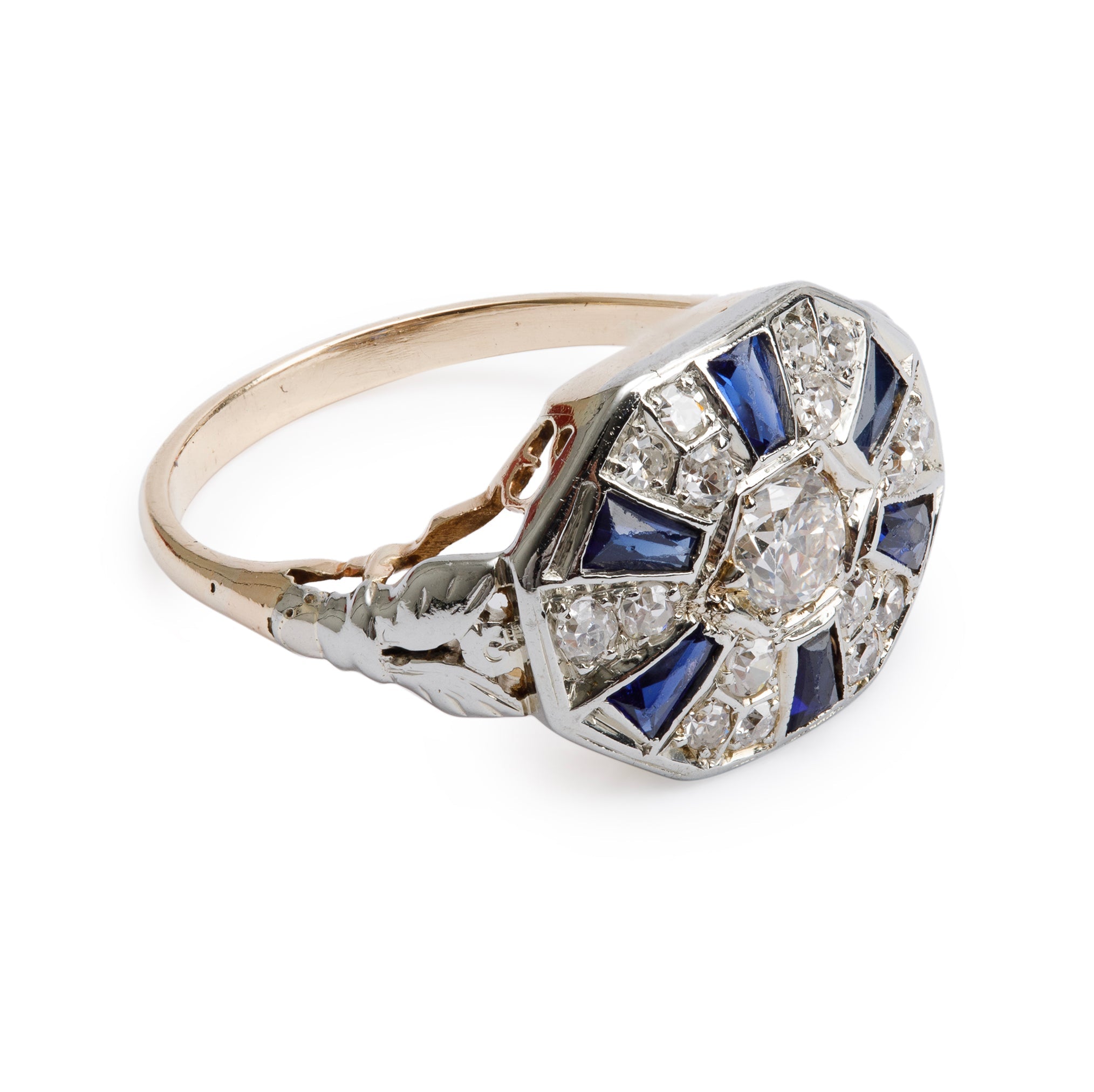Antique 12k-18k Yellow & White Gold Sapphire & Diamond Ring, Size 5.75