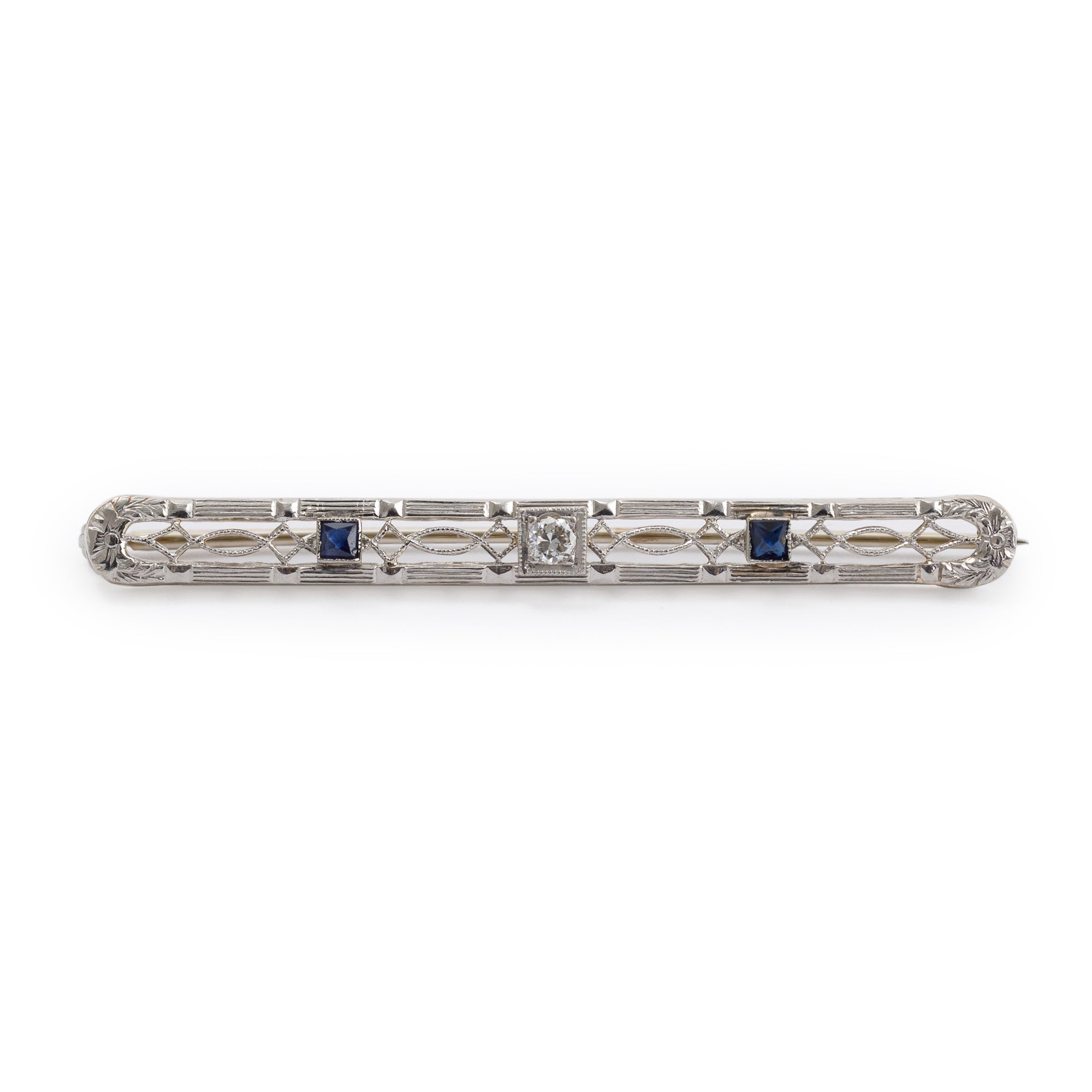 Antique 14k White Gold Diamond Filigree Bar Brooch