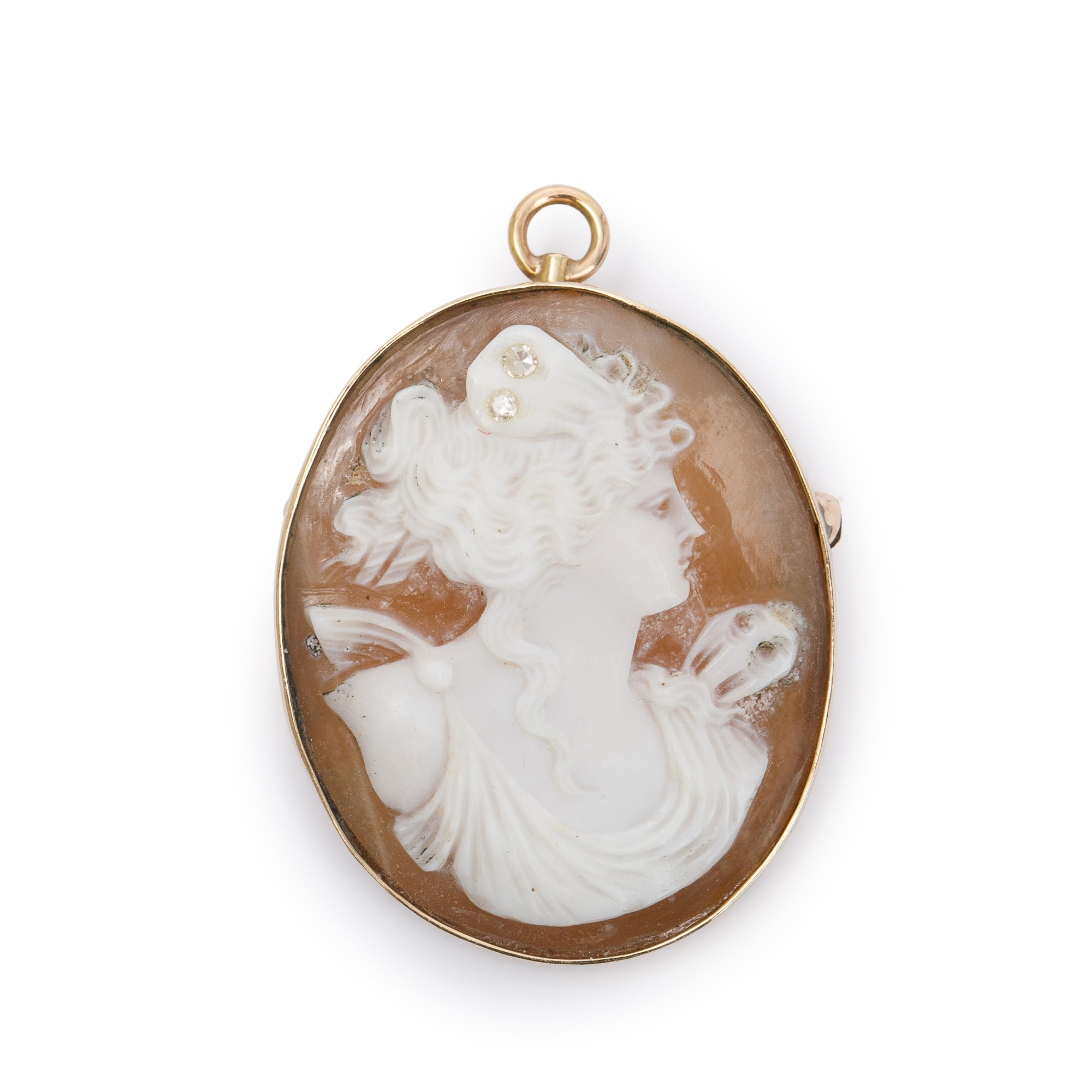 Antique 14k Yellow Gold & Diamond Cameo Brooch/Pendant