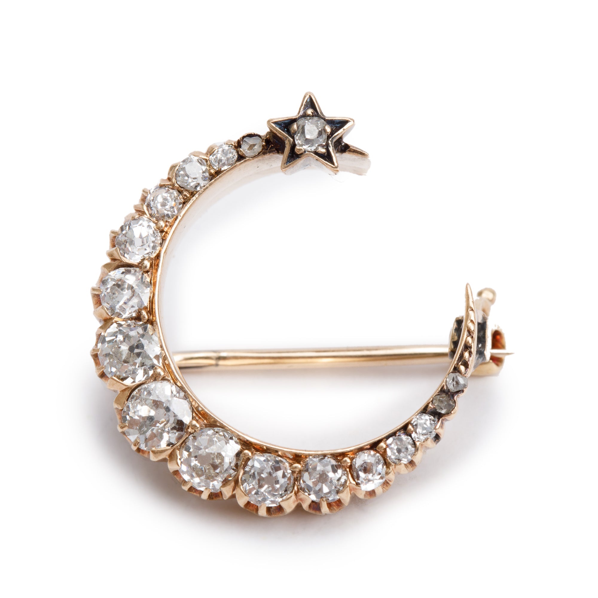 Antique 14k Yellow Gold Diamond Crecent Brooch
