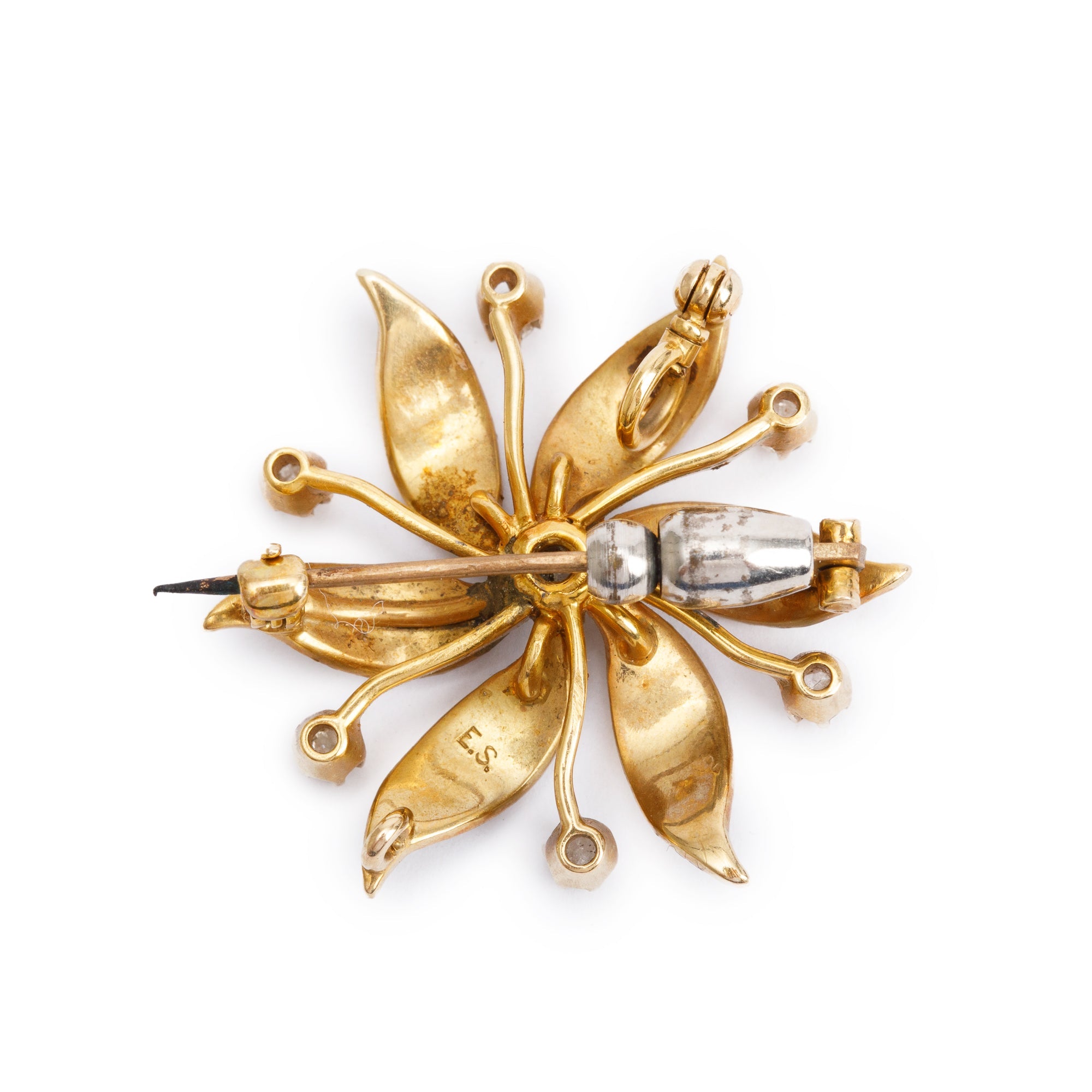 Antique 14k Yellow Gold Diamond & Pearl Flower Pin Brooch