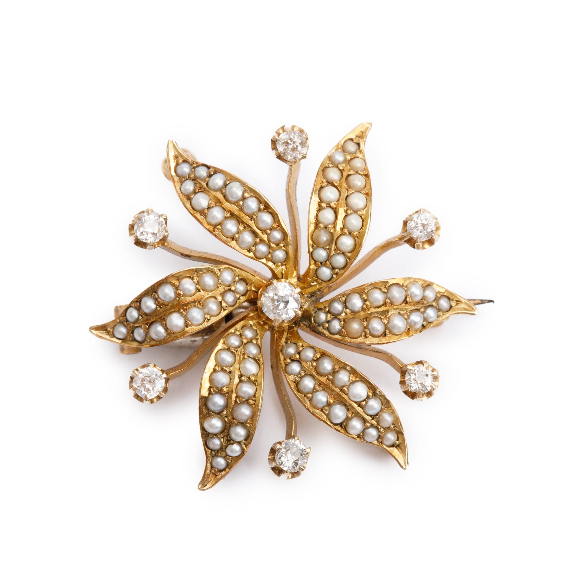 Antique 14k Yellow Gold Diamond & Pearl Flower Pin Brooch