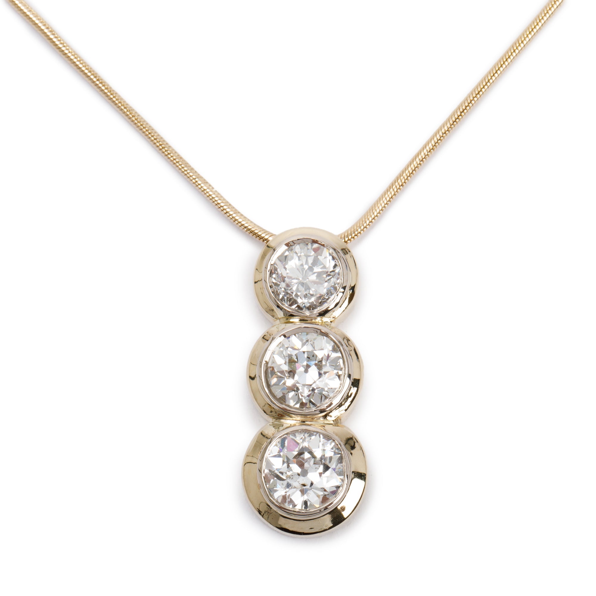 Antique 14k Yellow Gold Three Stone Diamond Drop Pendant Necklace