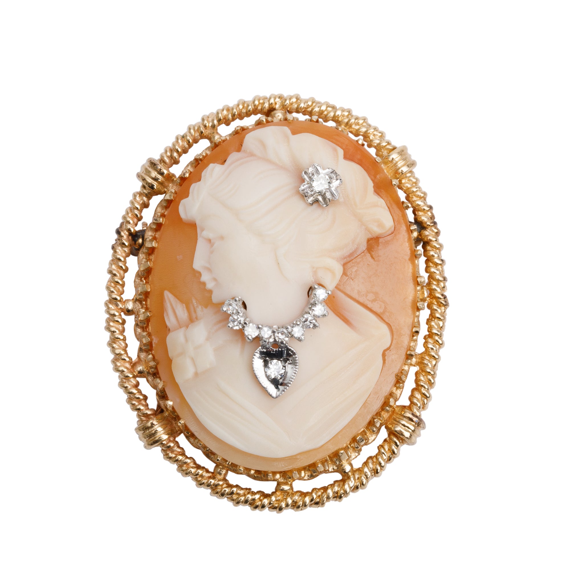 Antique 14k Yellow & White Gold Diamond Cameo Brooch/Pendant