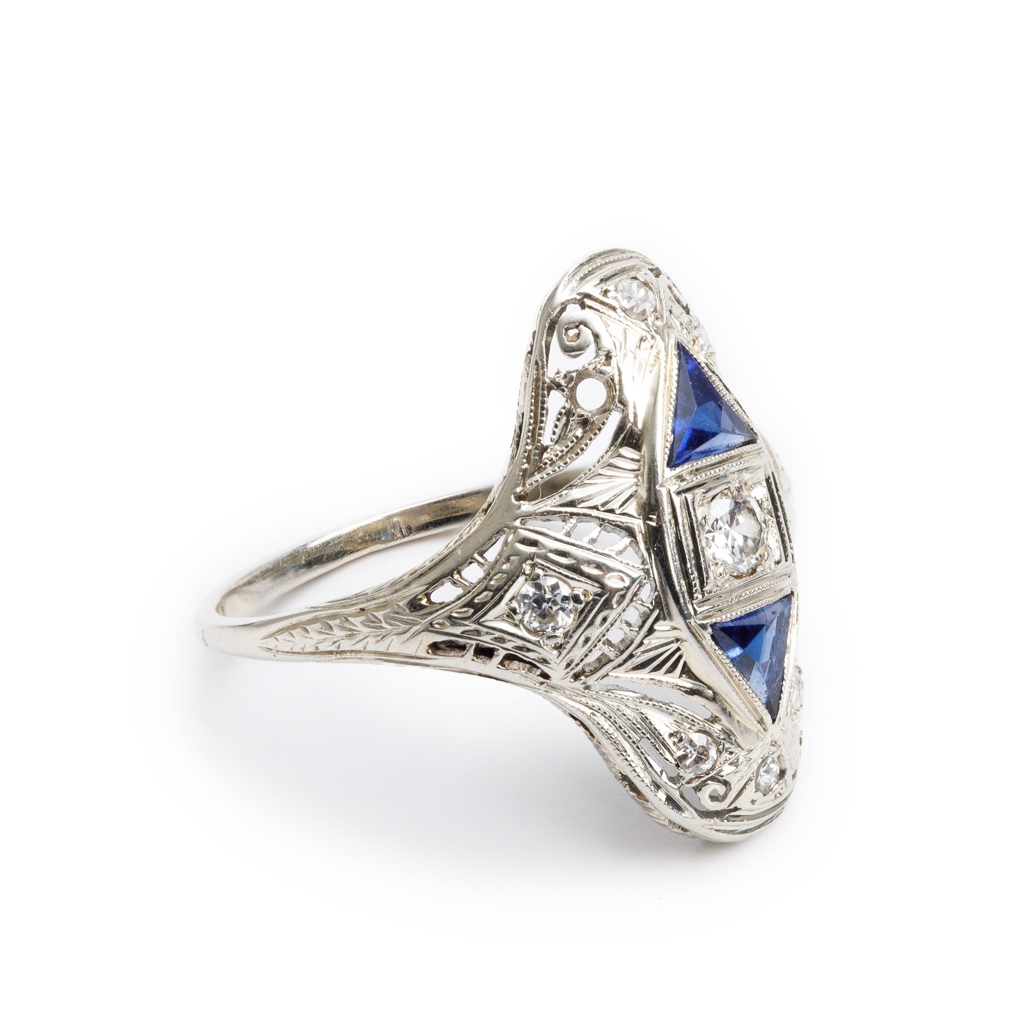 Antique 18k-20k White Gold Sapphire & Diamond Filigree Ring, Size 8.5