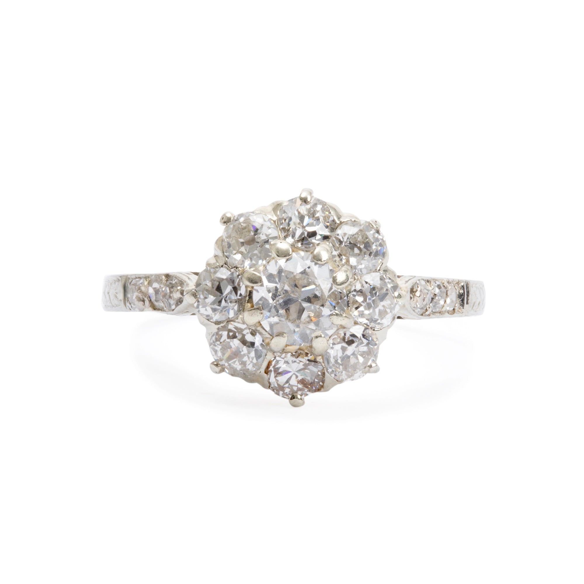 Antique 18k White Gold 1.11 tcw. Diamond Cluster Ring, 5.75