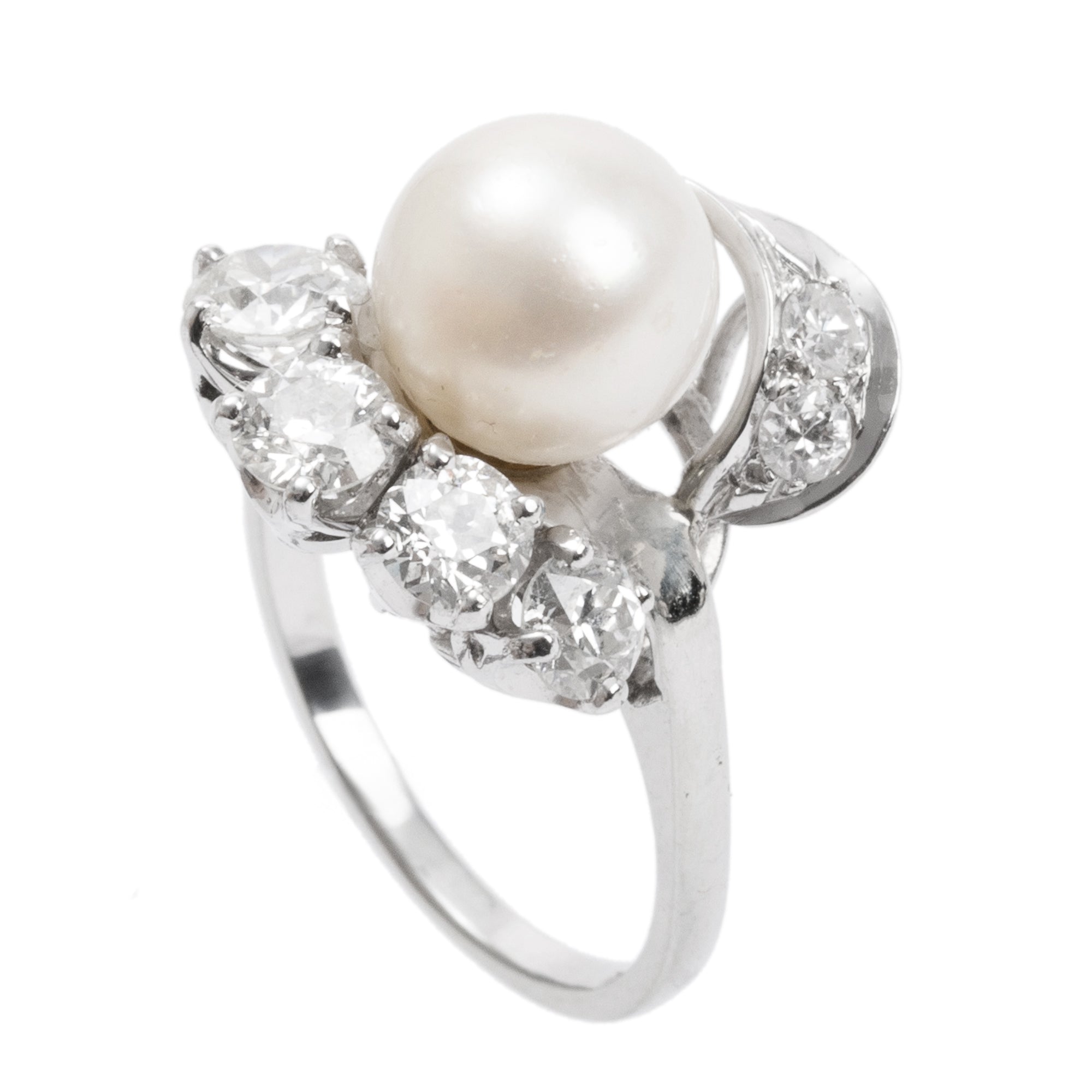 Antique 18k White Gold Pearl & Diamond Ring, Size 6.25