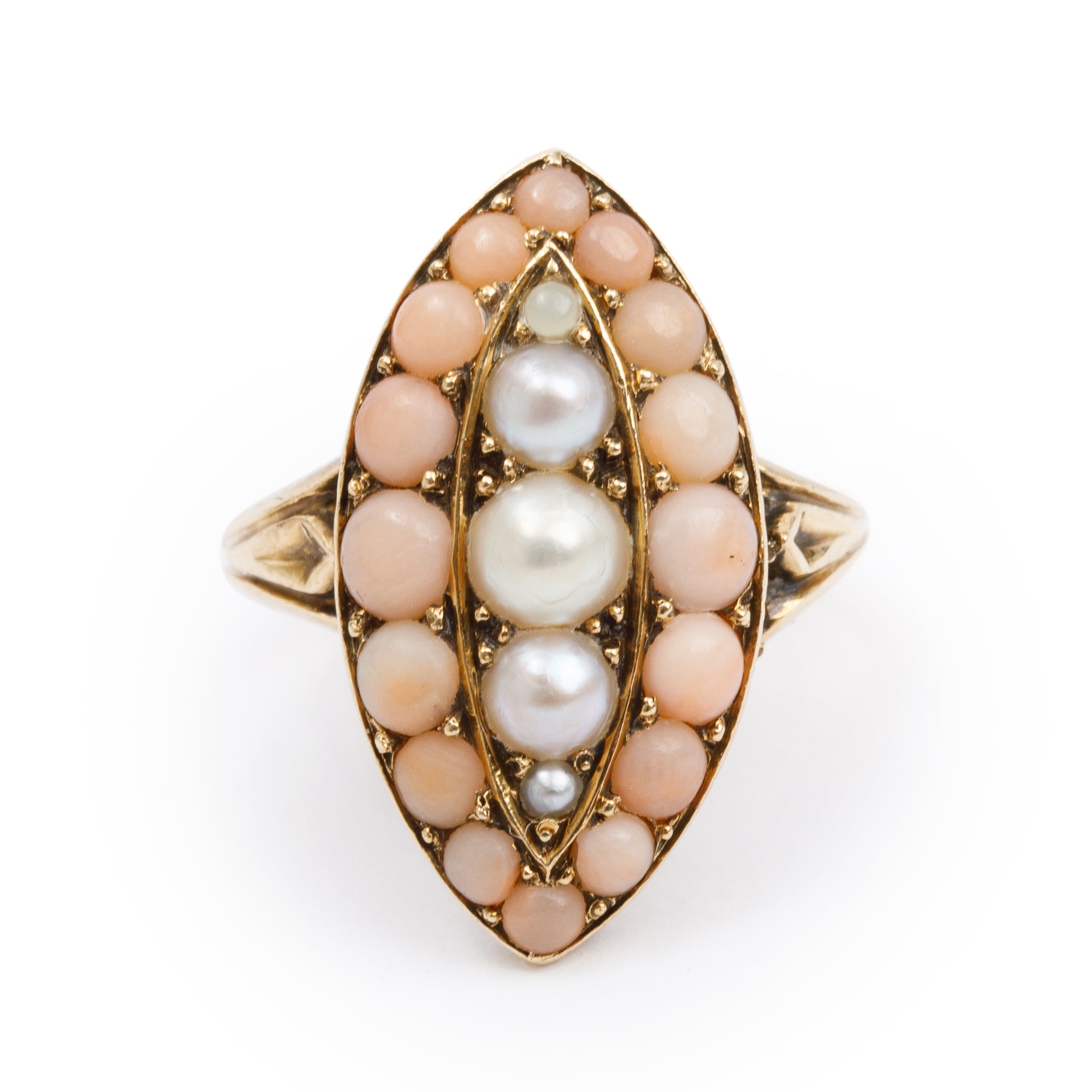 Antique 18k Yellow Gold Pearl & Coral Bead Ring, Size 4.5