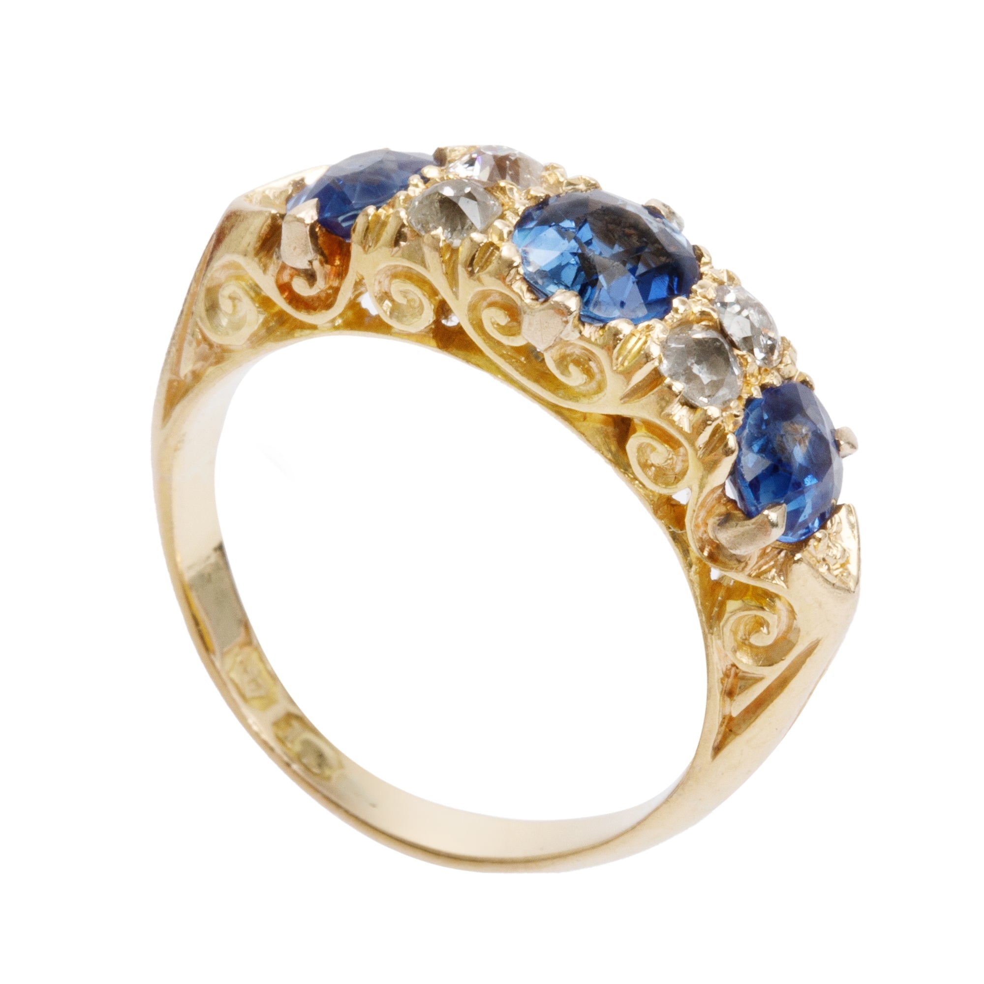 Antique 18k Yellow Gold Sapphire & Diamond Ring, Size 4.5