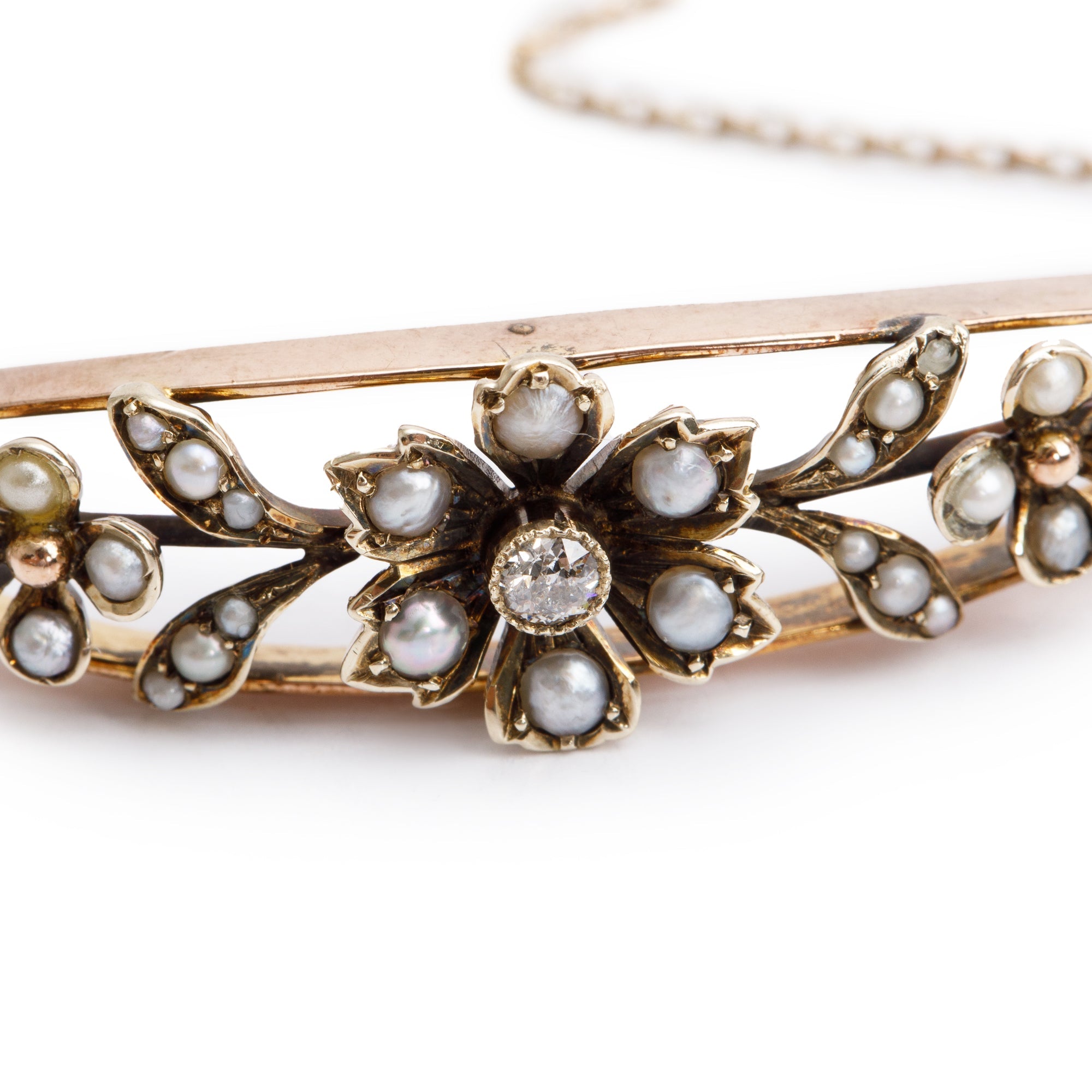Antique 9k Yellow Gold Pearl and Diamond Bangle Bracelet