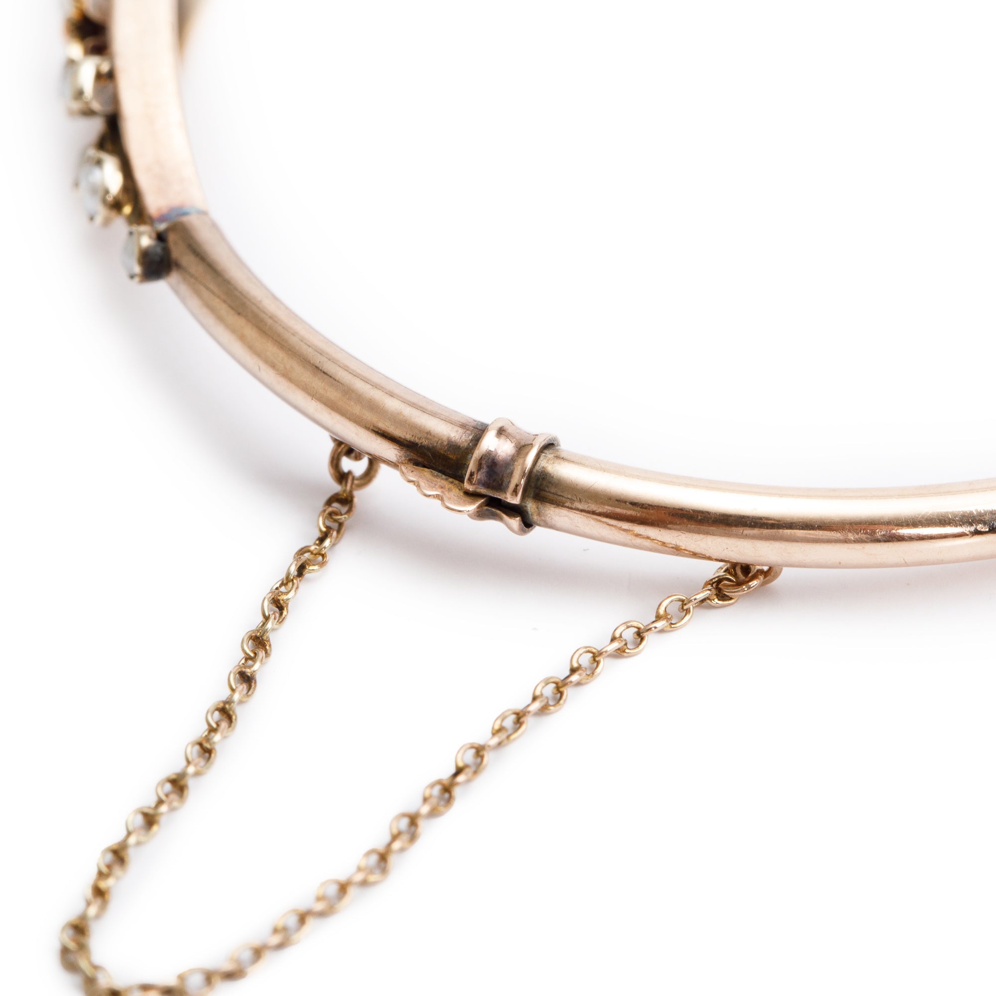 Antique 9k Yellow Gold Pearl and Diamond Bangle Bracelet