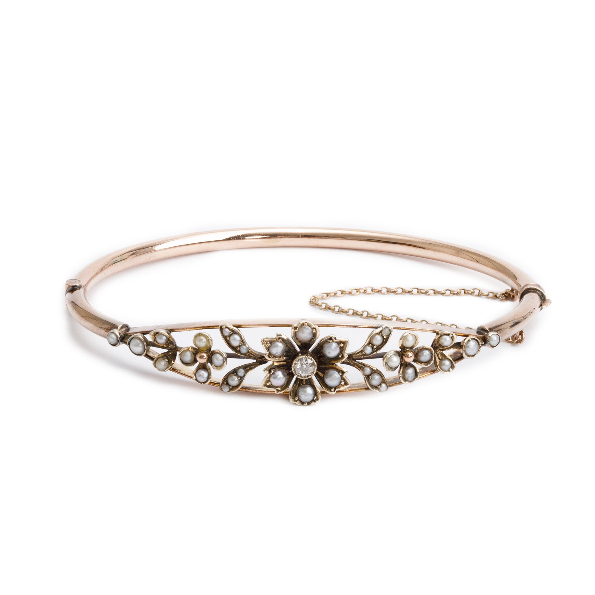 Antique 9k Yellow Gold Pearl and Diamond Bangle Bracelet