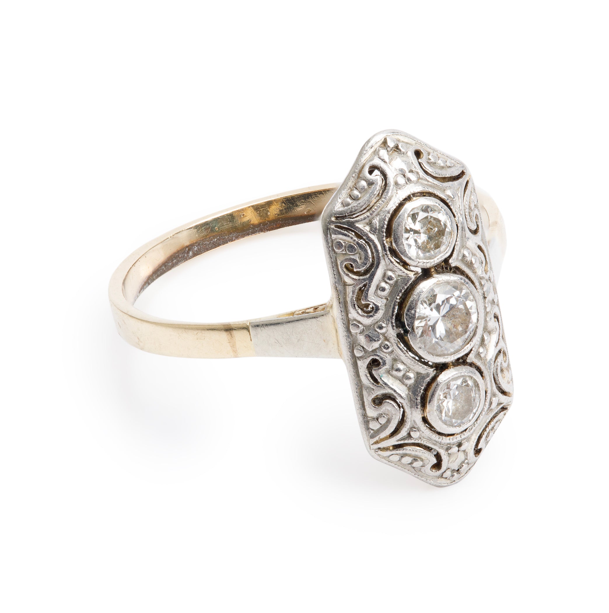 Antique Art Deco Platinum & 14k Yellow Gold Three Stone Diamond Ring, Size 8.5
