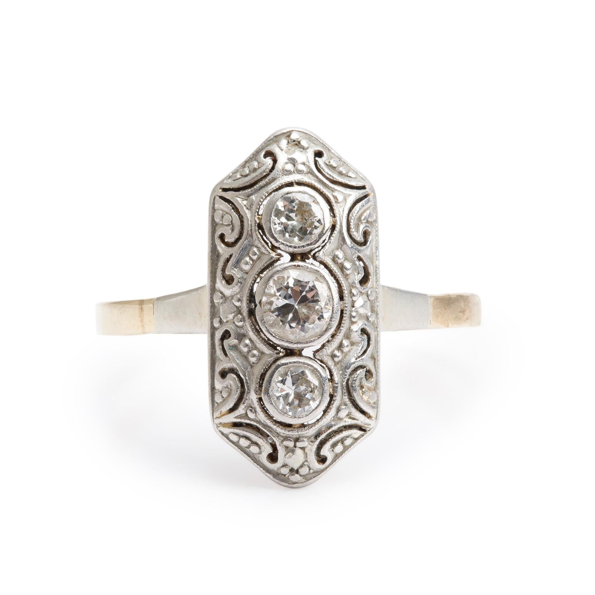Antique Art Deco Platinum & 14k Yellow Gold Three Stone Diamond Ring, Size 8.5