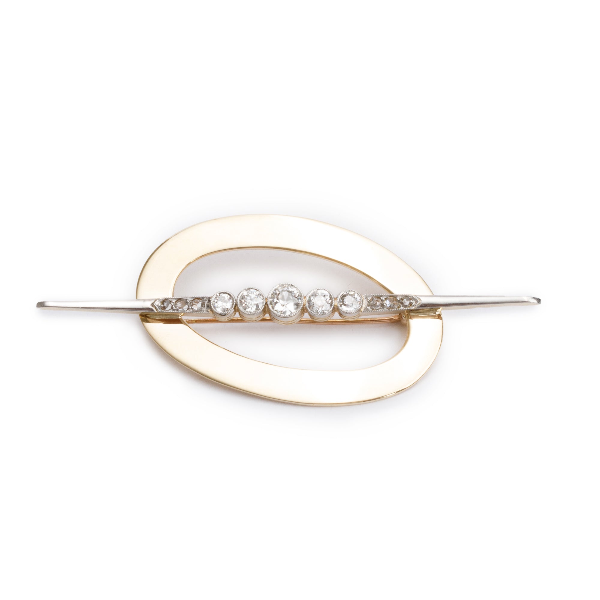 Antique Platinum & 14k Yellow Gold Diamond Oval Brooch