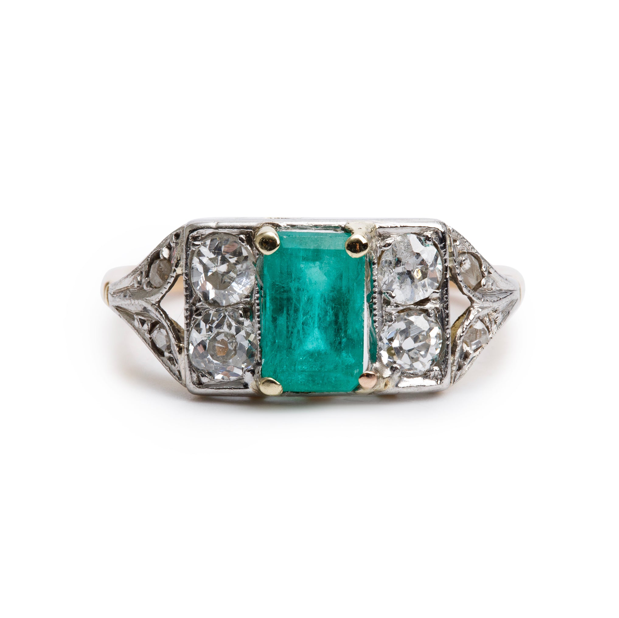 Antique Platinum and 18k Yellow Gold Emerald & Diamond Ring, Size 4.5