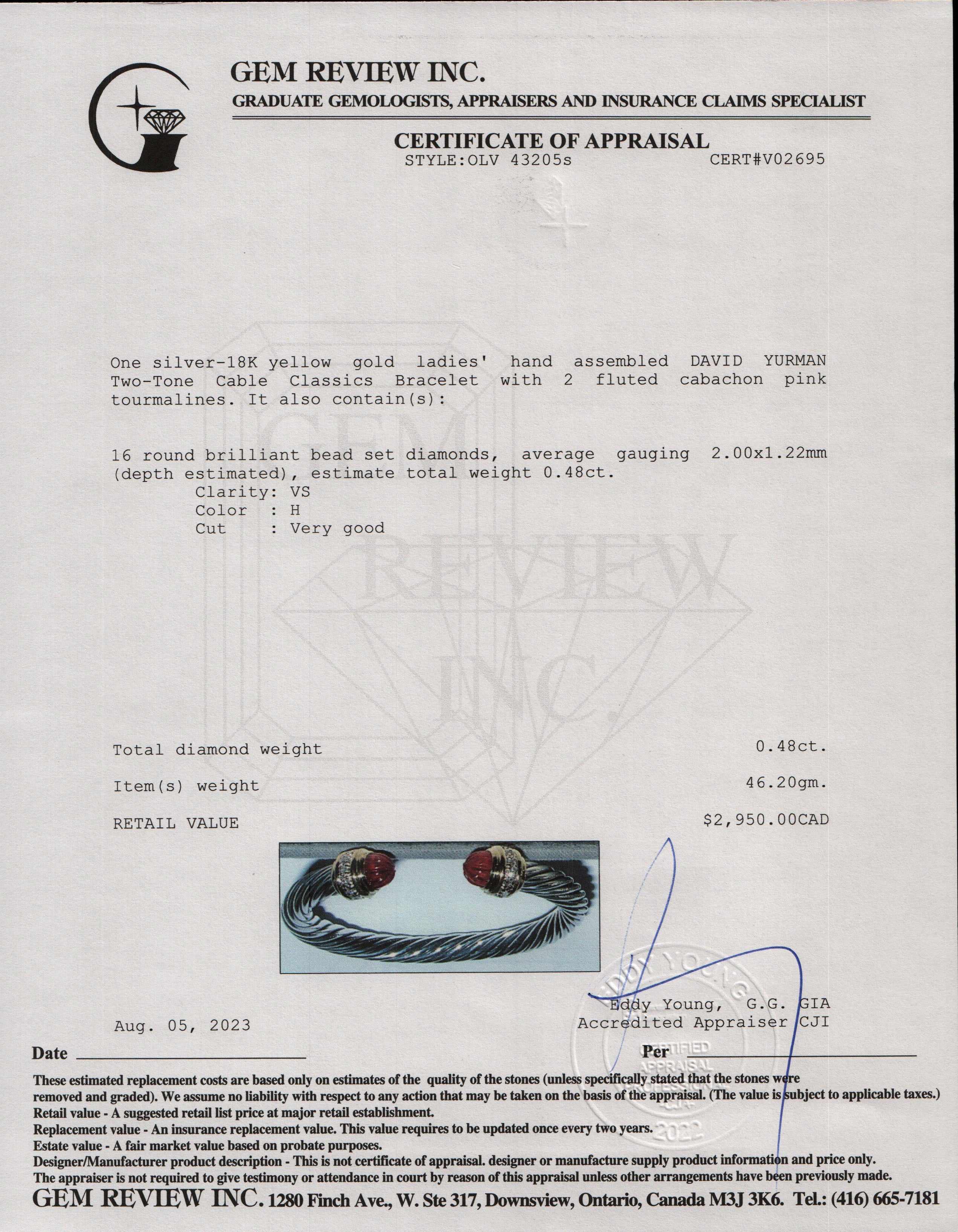 David Yurman Two-Tone 7 MM Cable Classics Bracelet with Pink Tourmaline & Diamonds