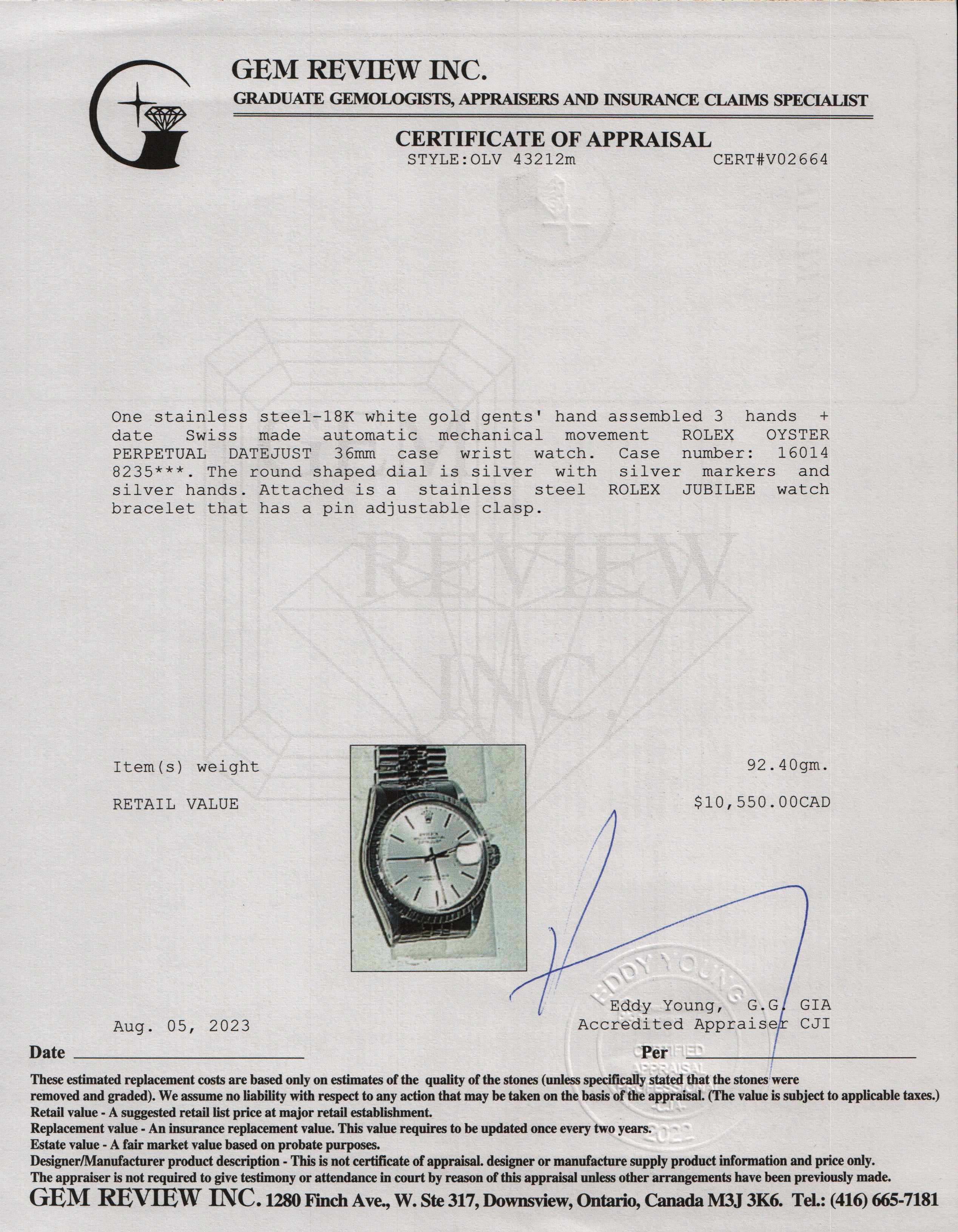 Rolex Datejust 36 MM Watch w/ Box & Papers