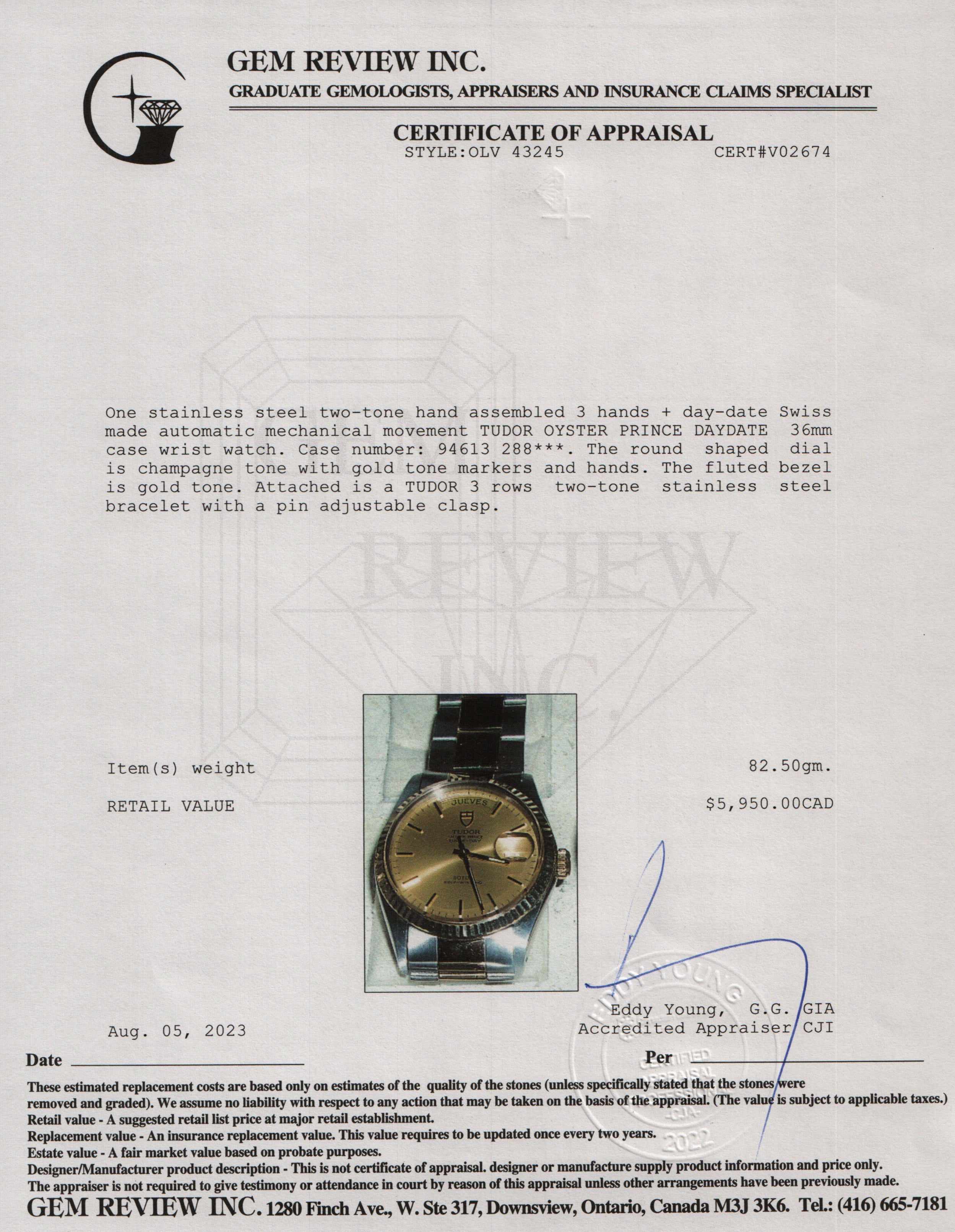 Tudor Two-Tone Oyster Prince Date Day 36 MM Automatic Watch