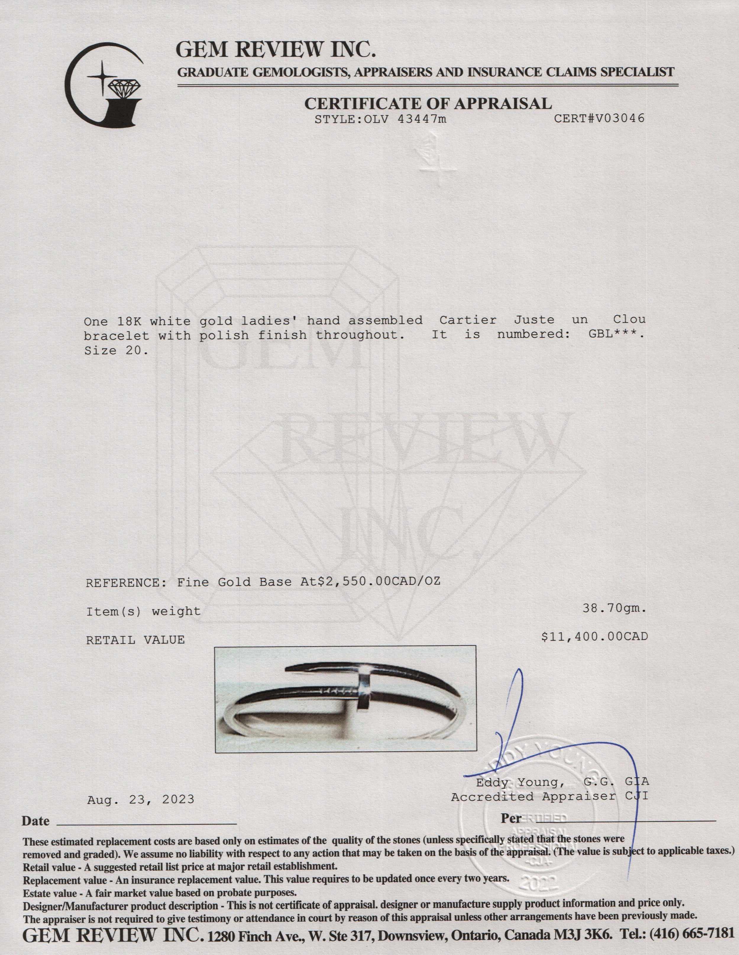 Cartier 18k White Gold Juste Un Clou Bracelet, Size 20 w/ Certificate