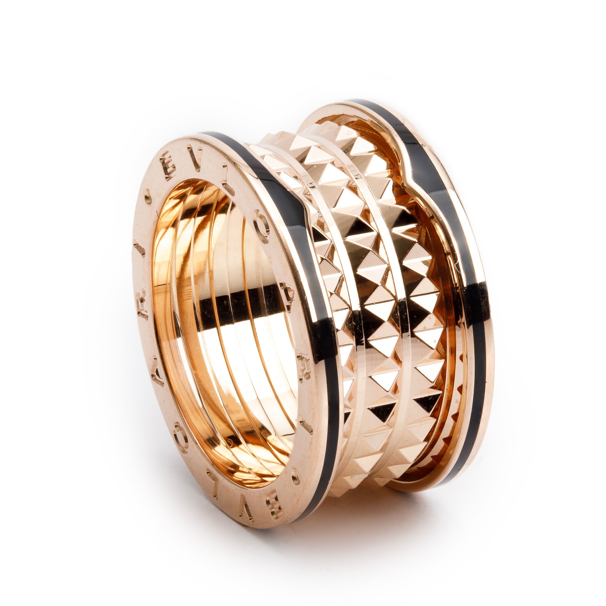 BVLGARI 18k Rose Gold & Black Ceramic B.Zero1 Rock 4-Band Ring, Size 58 8.5 w/ Box