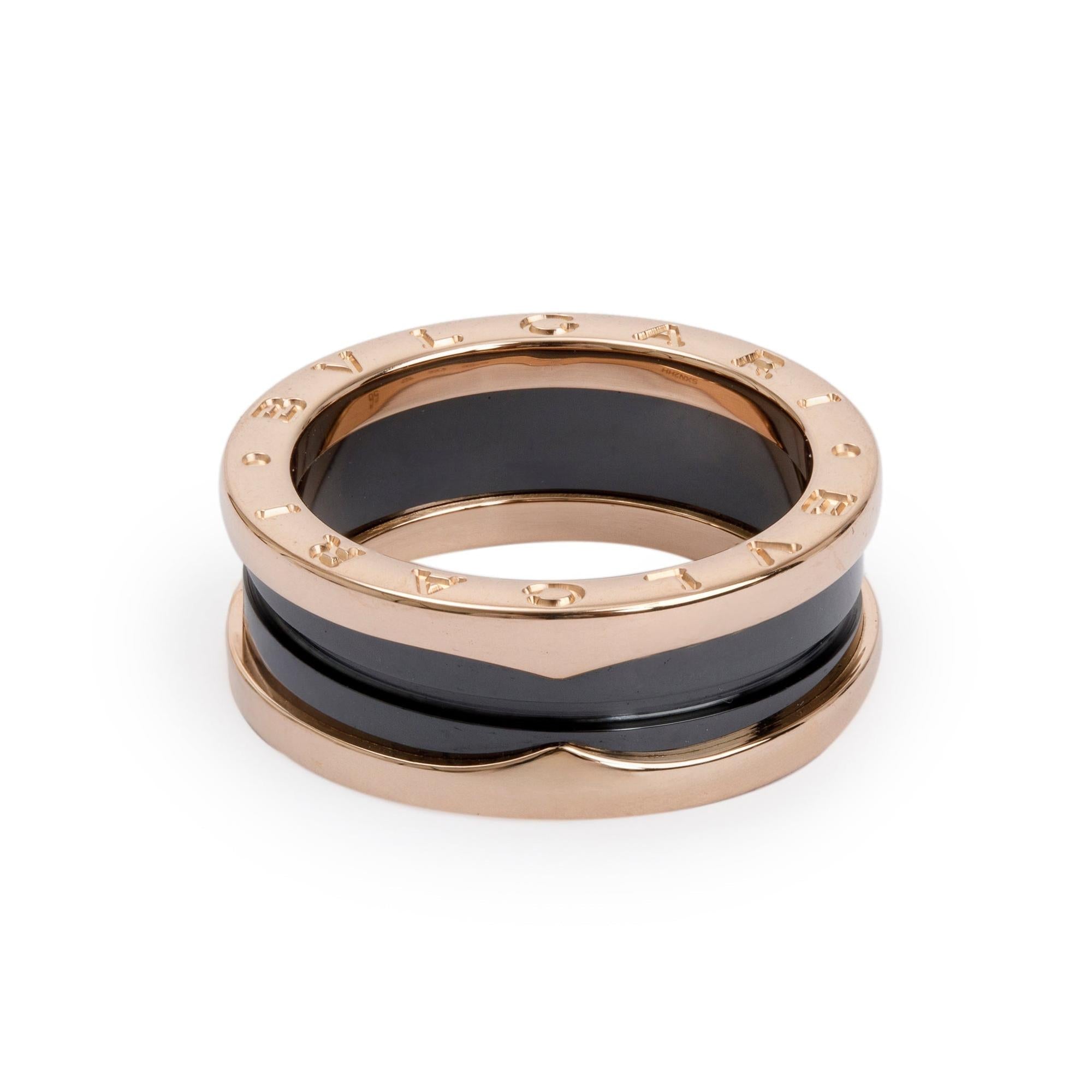 BVLGARI 18k Rose Gold Black Ceramic B.Zero1 Two-Band Ring, Size 56 7.5 w/ Box