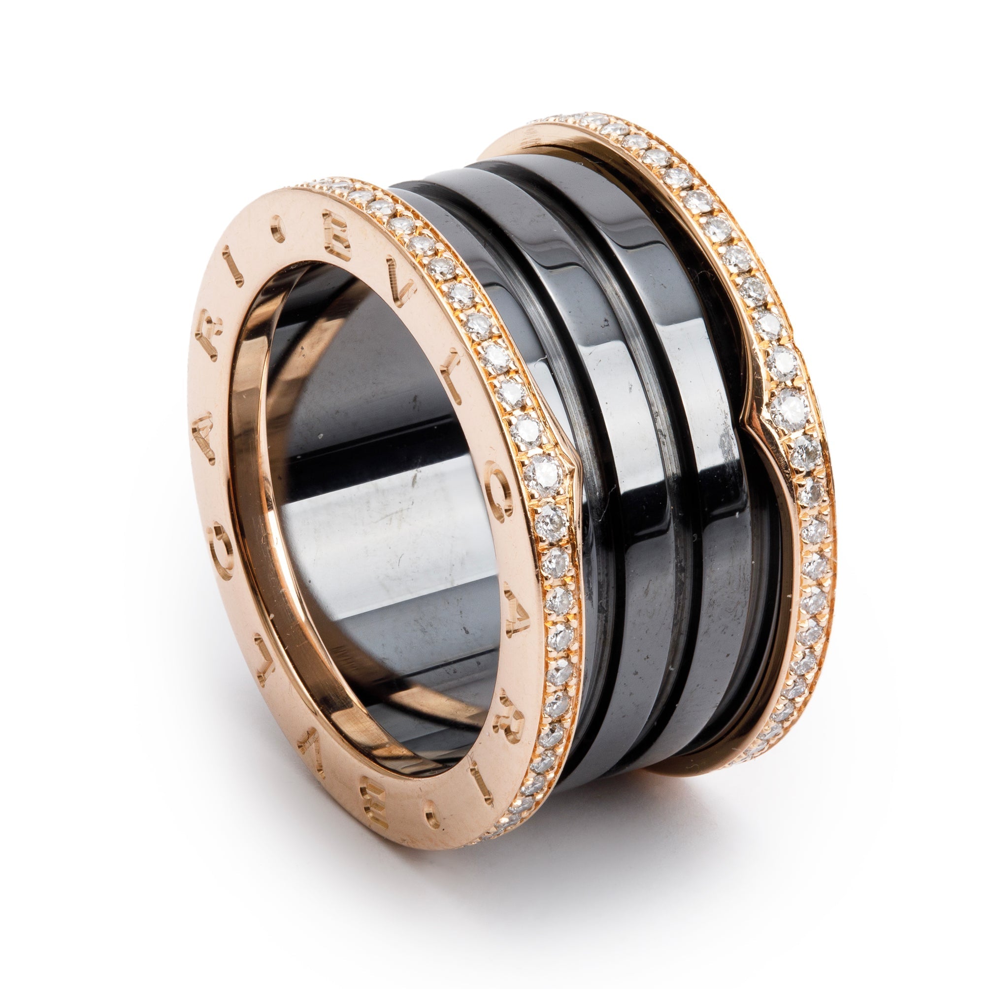 BVLGARI 18k Rose Gold Black Ceramic & Diamond B.Zero1 Ring, Size 56 7.75 w/ Box