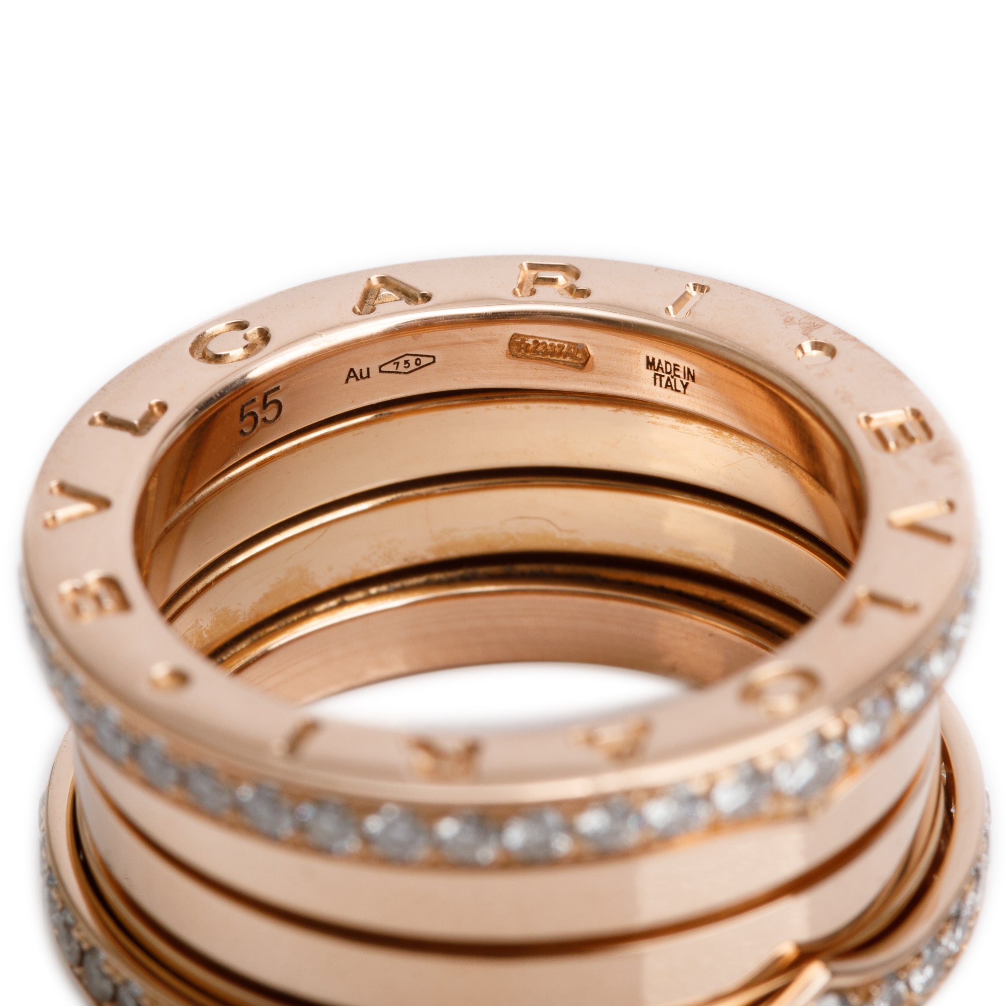 BVLGARI 18k Rose Gold Diamond B.Zero1 Three-Band Ring, Size 55 7 w/ Certificate