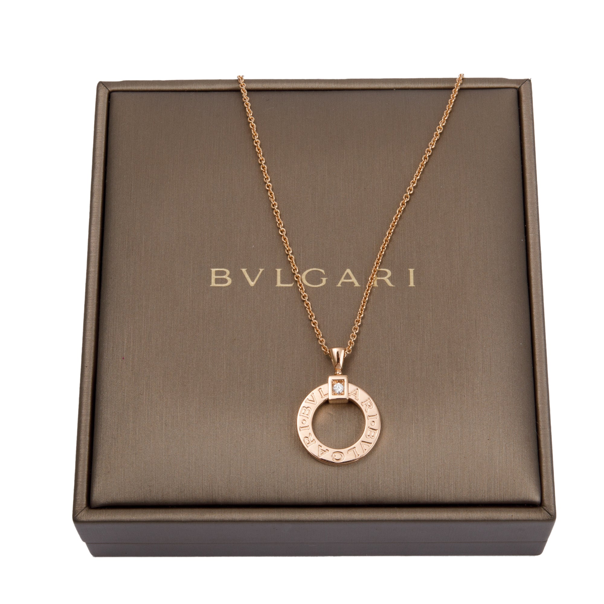 BVLGARI 18k Rose Gold Diamond Bvlgari Pendant Necklace w/ Box