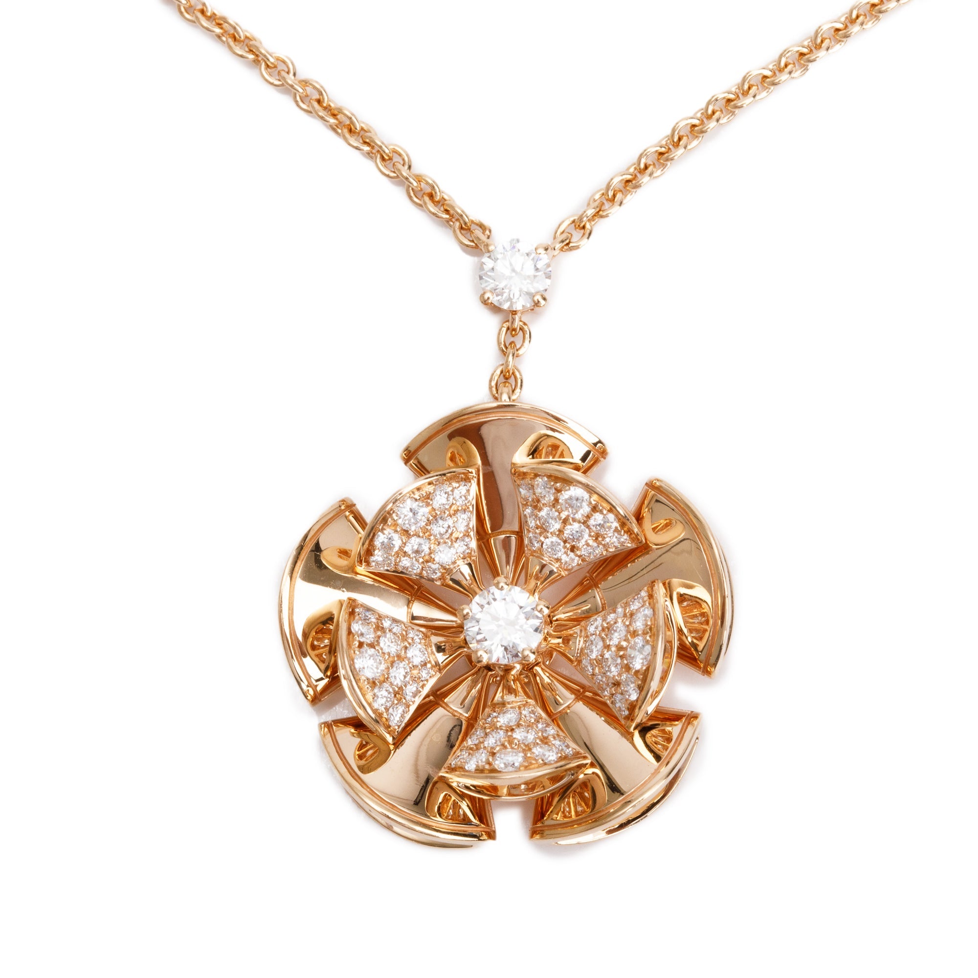 BVLGARI 18k Rose Gold Diva's Dream Diamond Flower Pendant Necklace