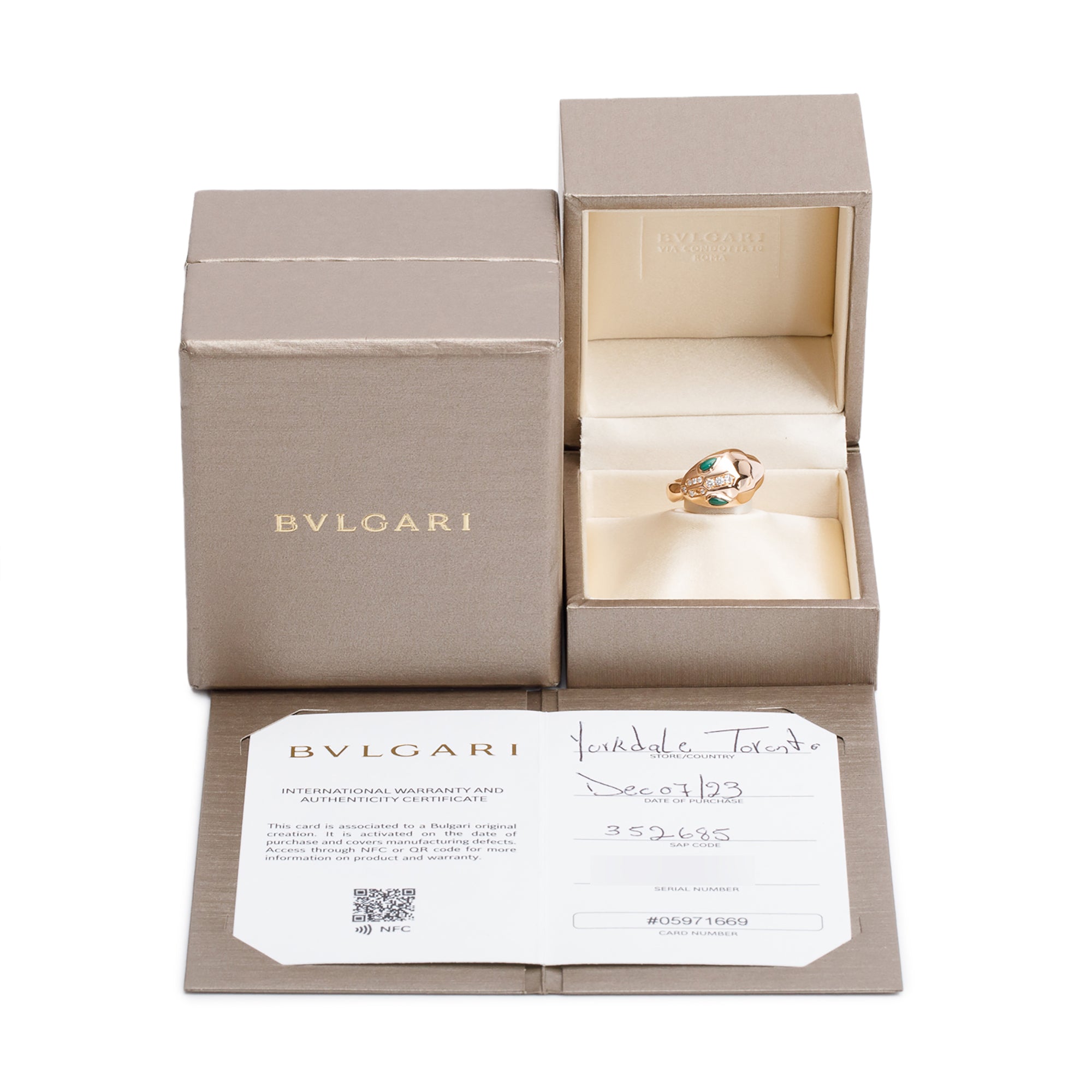 BVLGARI 18k Rose Gold Malachite & Diamond Serpenti Seduttori Ring, Size 5.5 w/ Box & Certificate