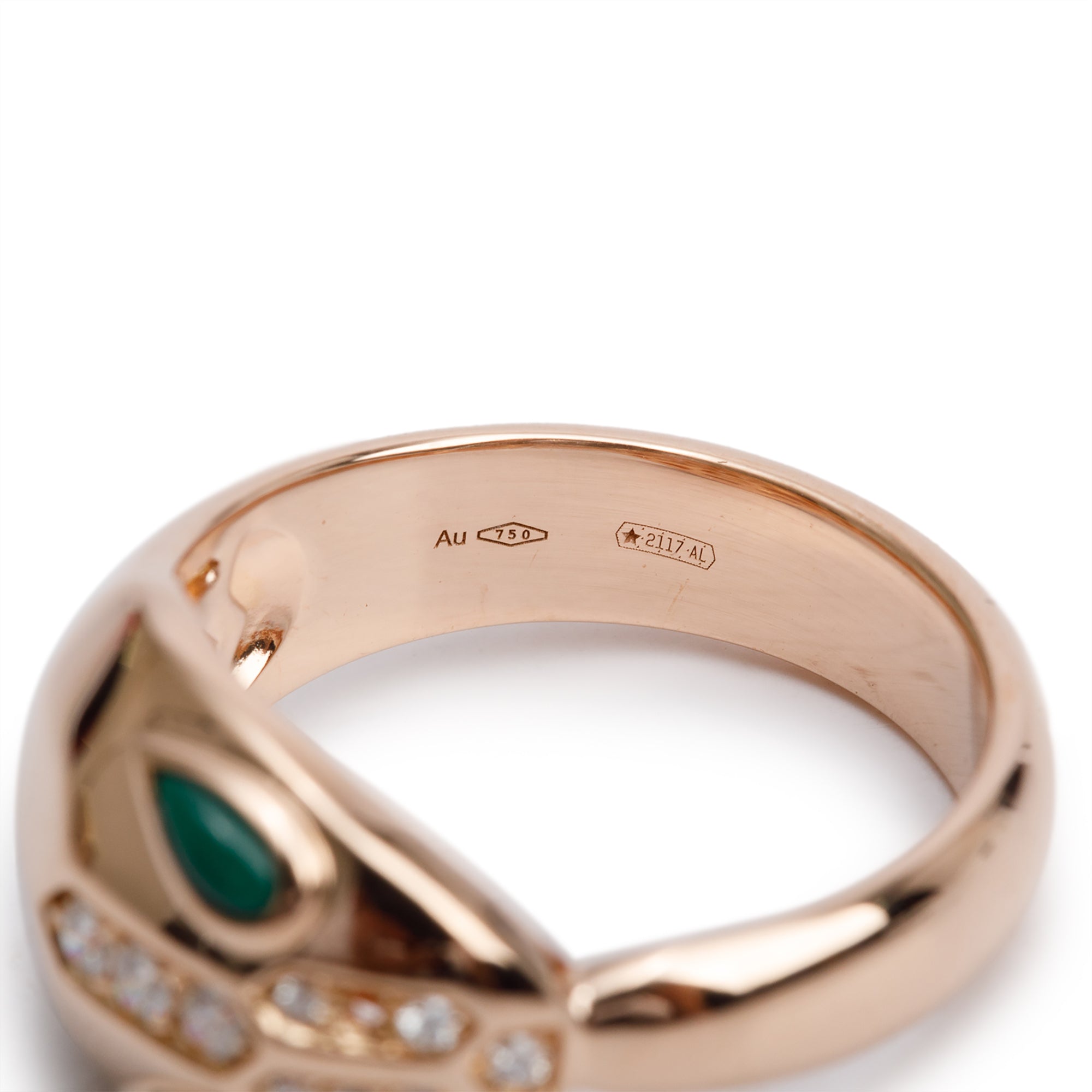 BVLGARI 18k Rose Gold Malachite & Diamond Serpenti Seduttori Ring, Size 5.5 w/ Box & Certificate