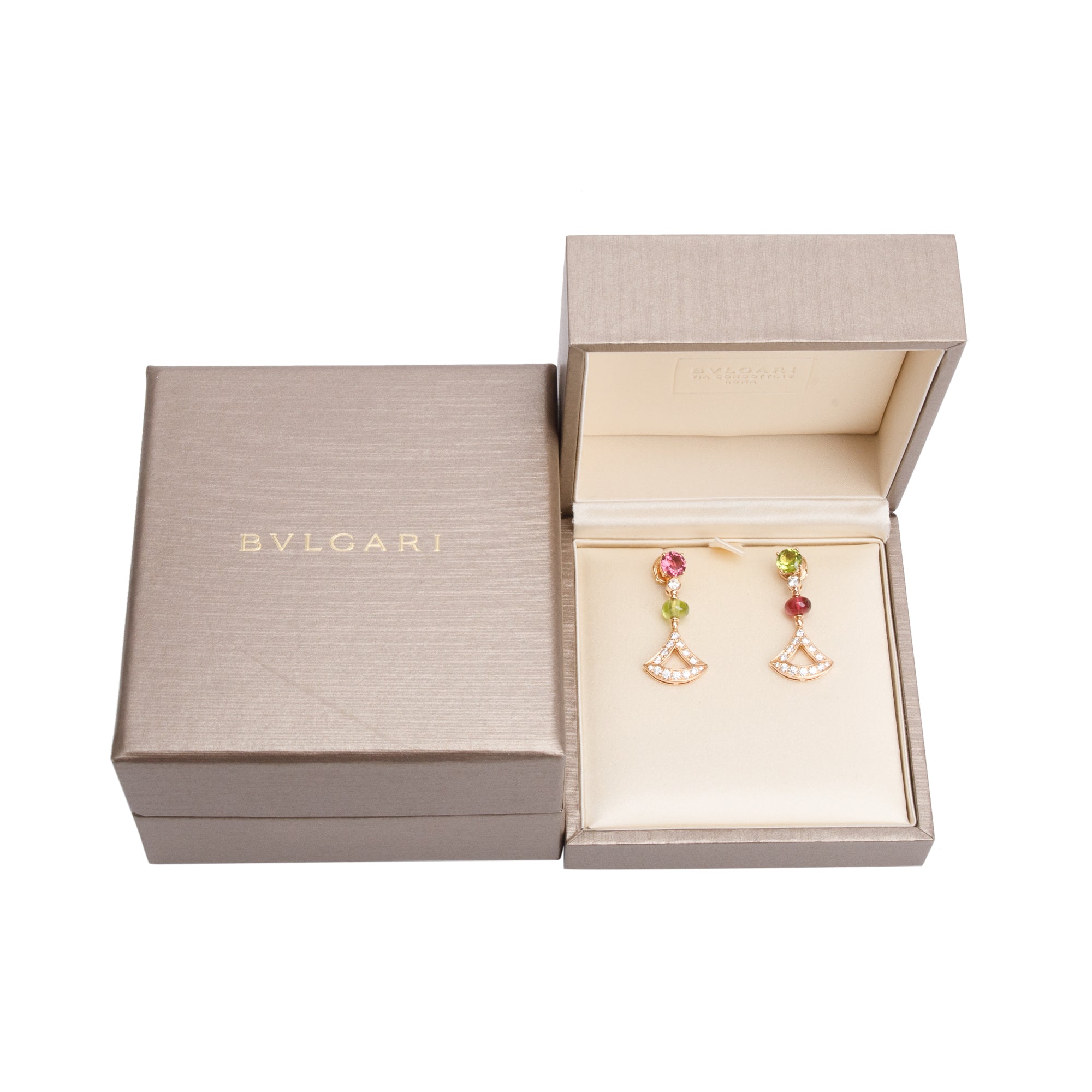 BVLGARI 18k Rose Gold Rubelite, Peridot & Diamond Diva's Dream Earrings w/ Box