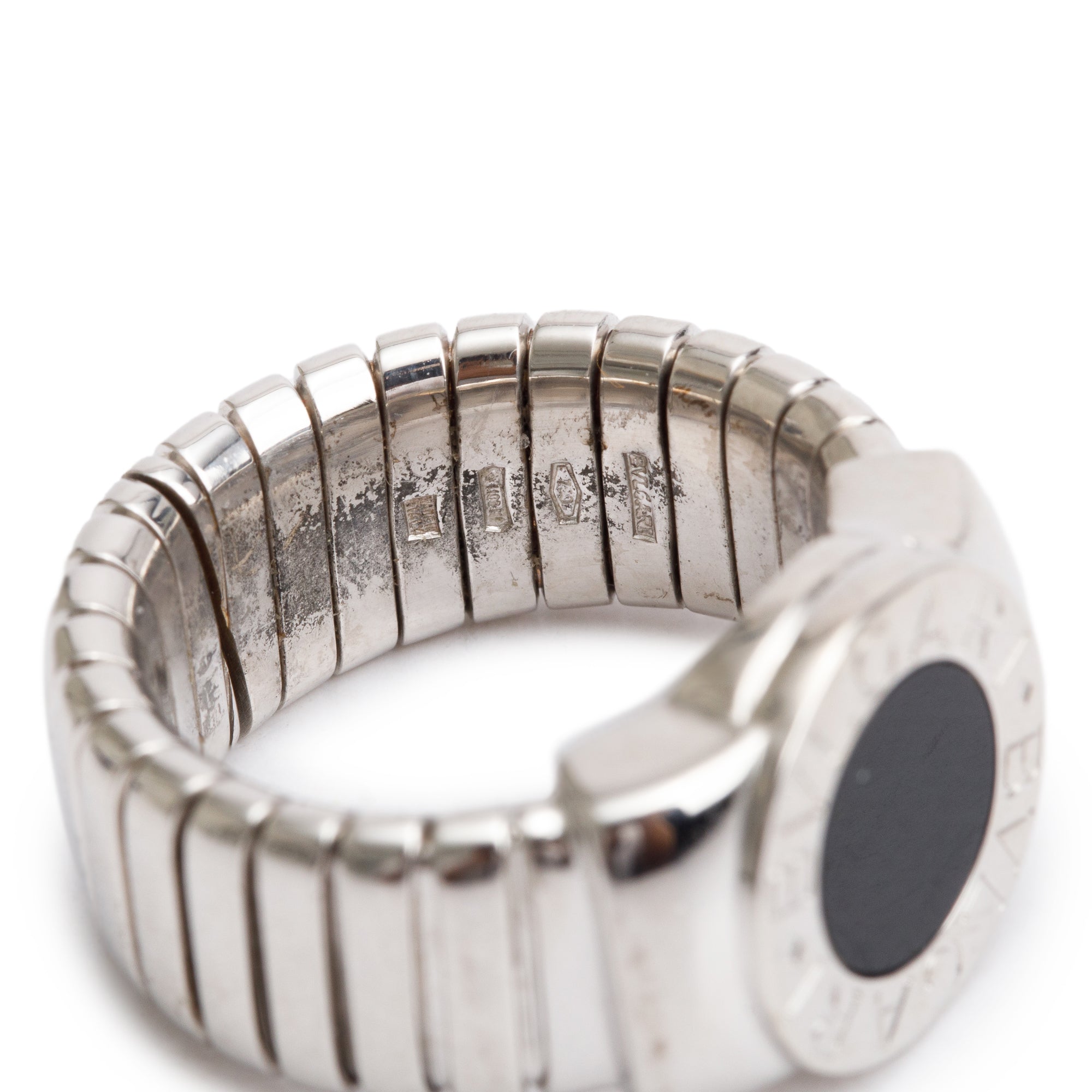 BVLGARI 18k White Gold Black Onyx Tubogas Ring, Size 7