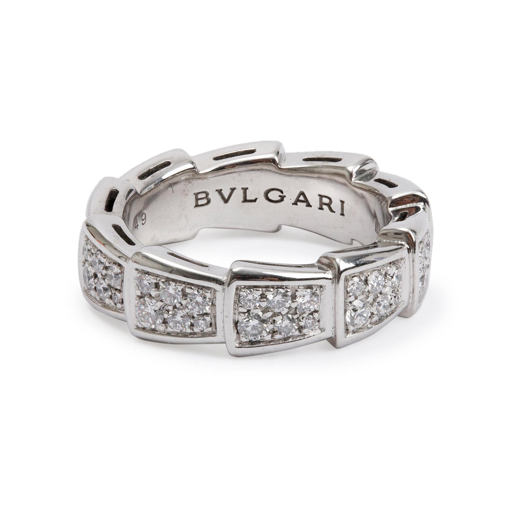 BVLGARI 18k White Gold Pave Diamond Serpenti Viper Ring, Size 49 4.75 w/ Box & Certificate