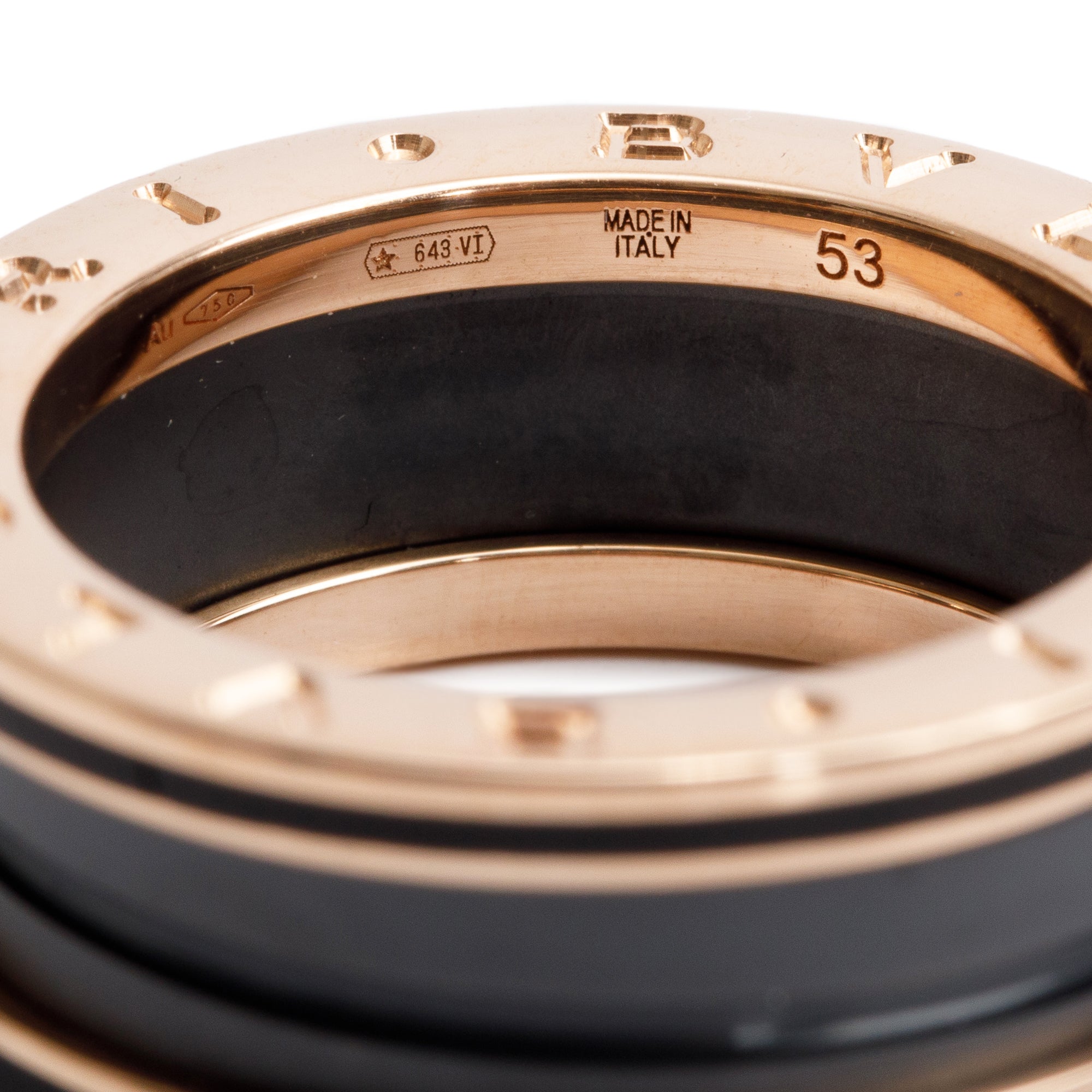 BVLGARI 2022 18k Rose Gold Matte Black Ceramic B.Zero1 Two-Band Ring, Size 53 6.5 w/ Box & Certificate