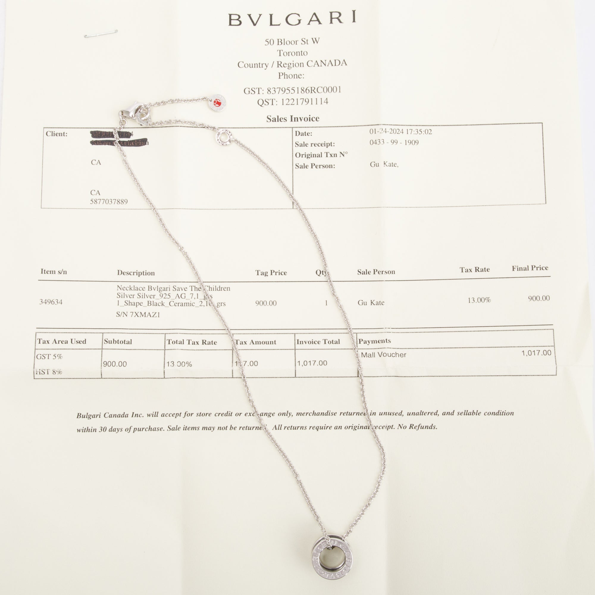 BVLGARI 2024 Sterling Silver & Black Ceramic Save The Children Pendant Necklace w/ Box, Receipt & Certificate