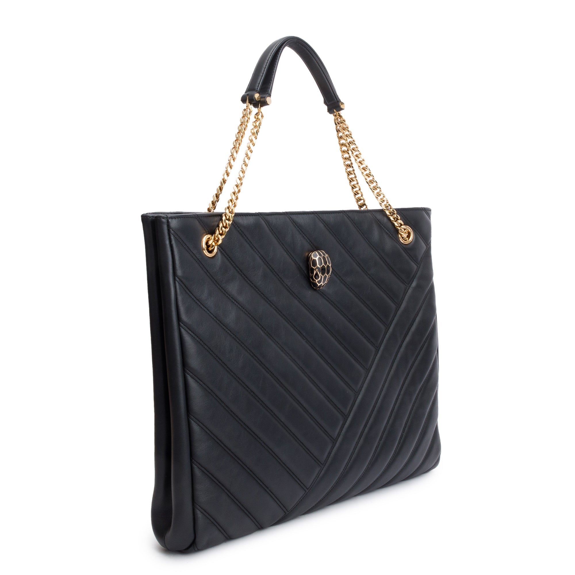 BVLGARI Black Calfskin Leather Serpenti Cabochon Large Shopping Bag w/ Authenticity Card